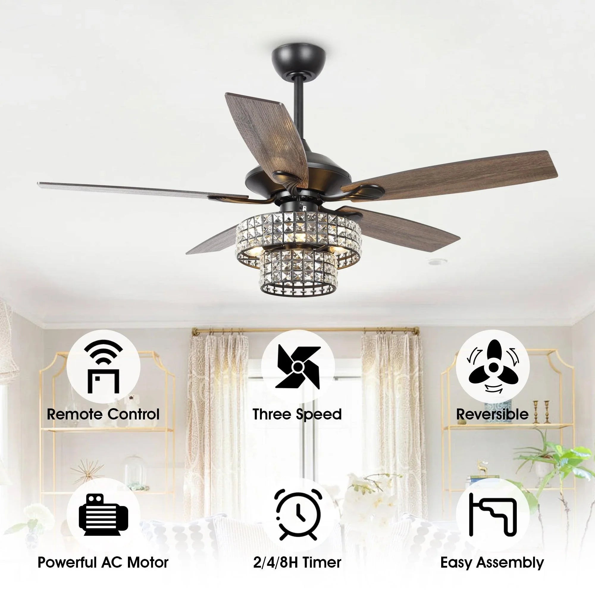 52" Nowthen Modern Crystal Chandelier Ceiling Fan With Led Light And Remote Control 5 Blades Chrome