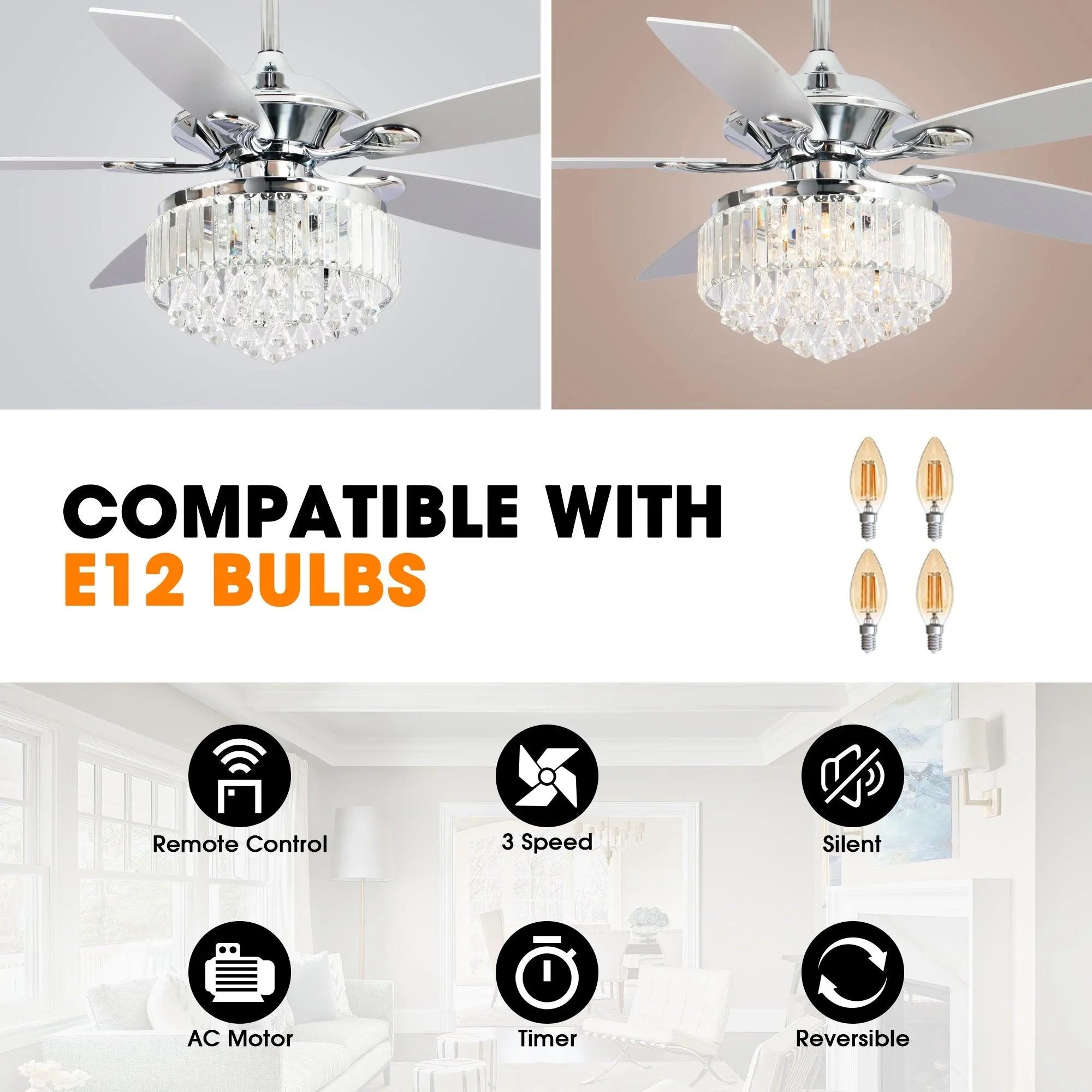 52" Elkton Modern Reversible Crystal Fandelier with Lighting and Remote Control