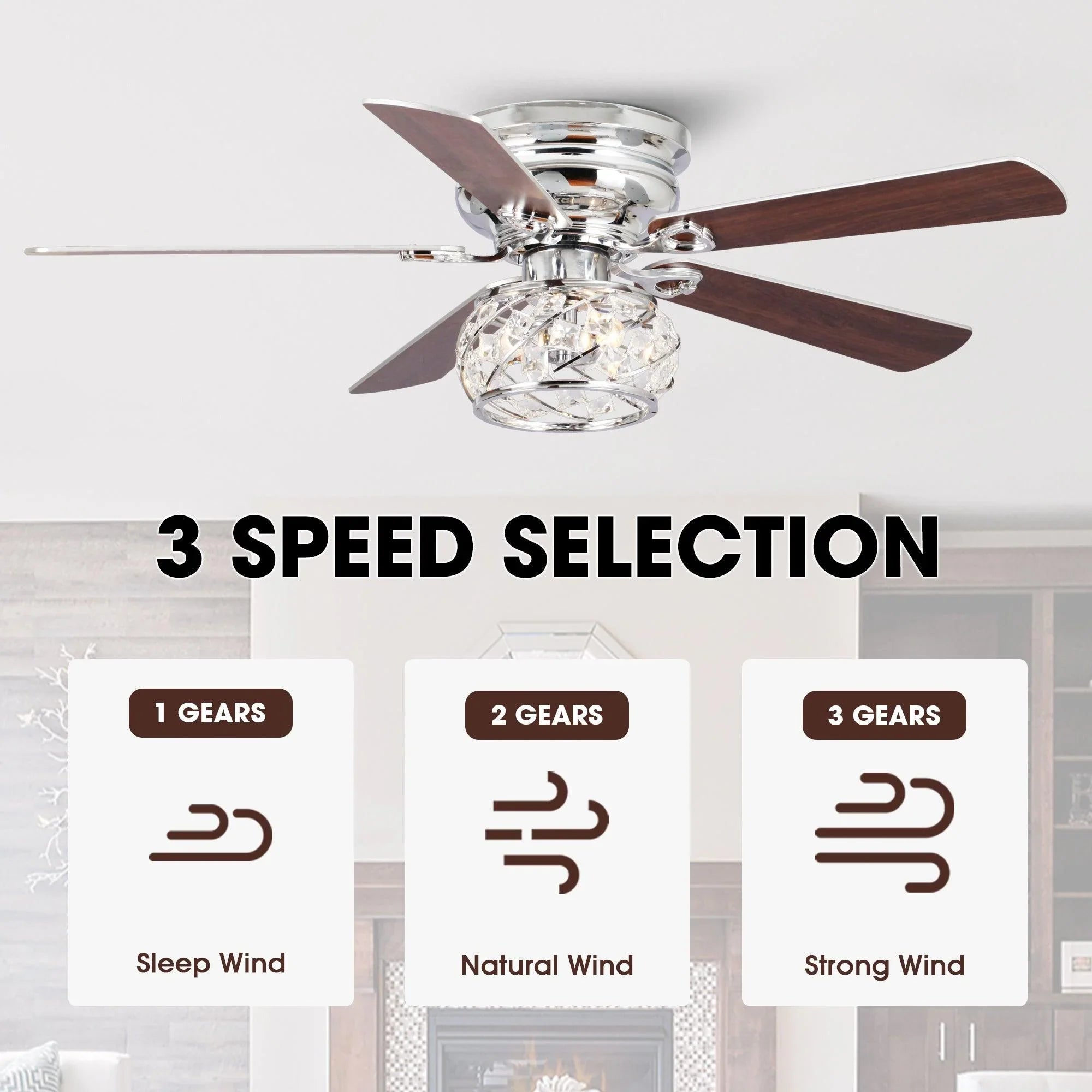 48" Modern Chrome Flush Mount Reversible Crystal Ceiling Fan with Lighting and Remote Control