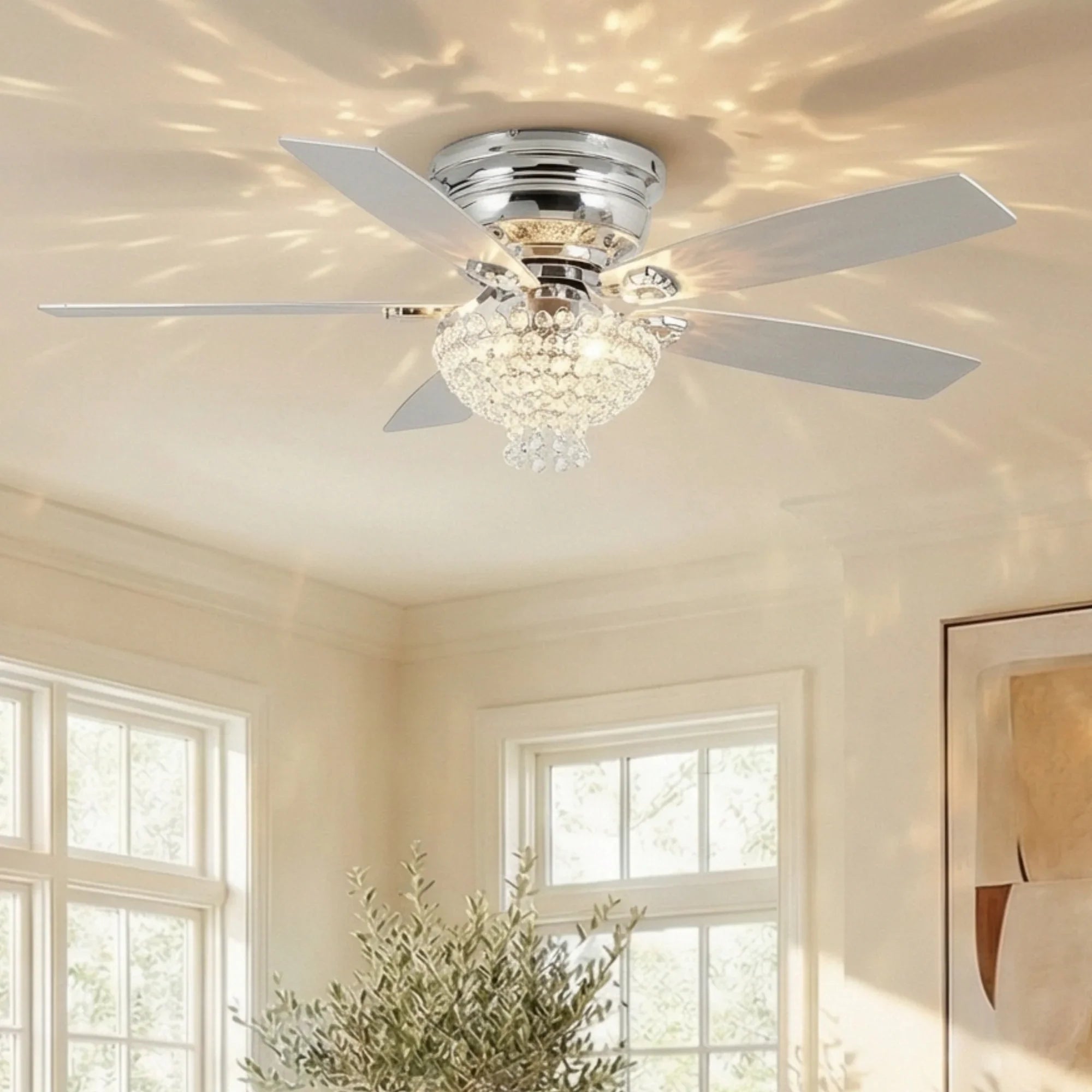 Ventilador de techo de cristal reversible de montaje empotrado cromado moderno de 52 "con iluminación y control remoto