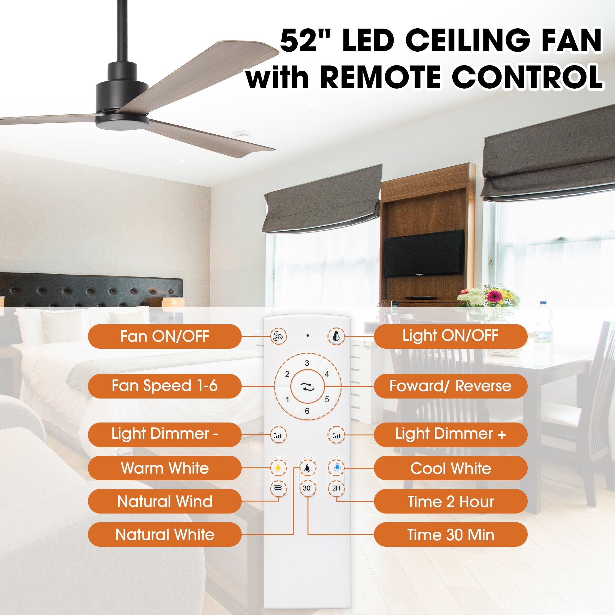 52 Inch Esther 3-Blades Modern Downrod Mount Ceiling Fan with Remote Control