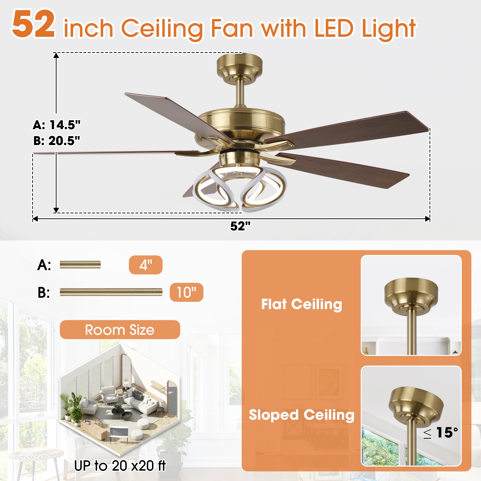 52 Inch Boyd Antique-bronze Golden Downrod Mount RGB LED Smart Fan