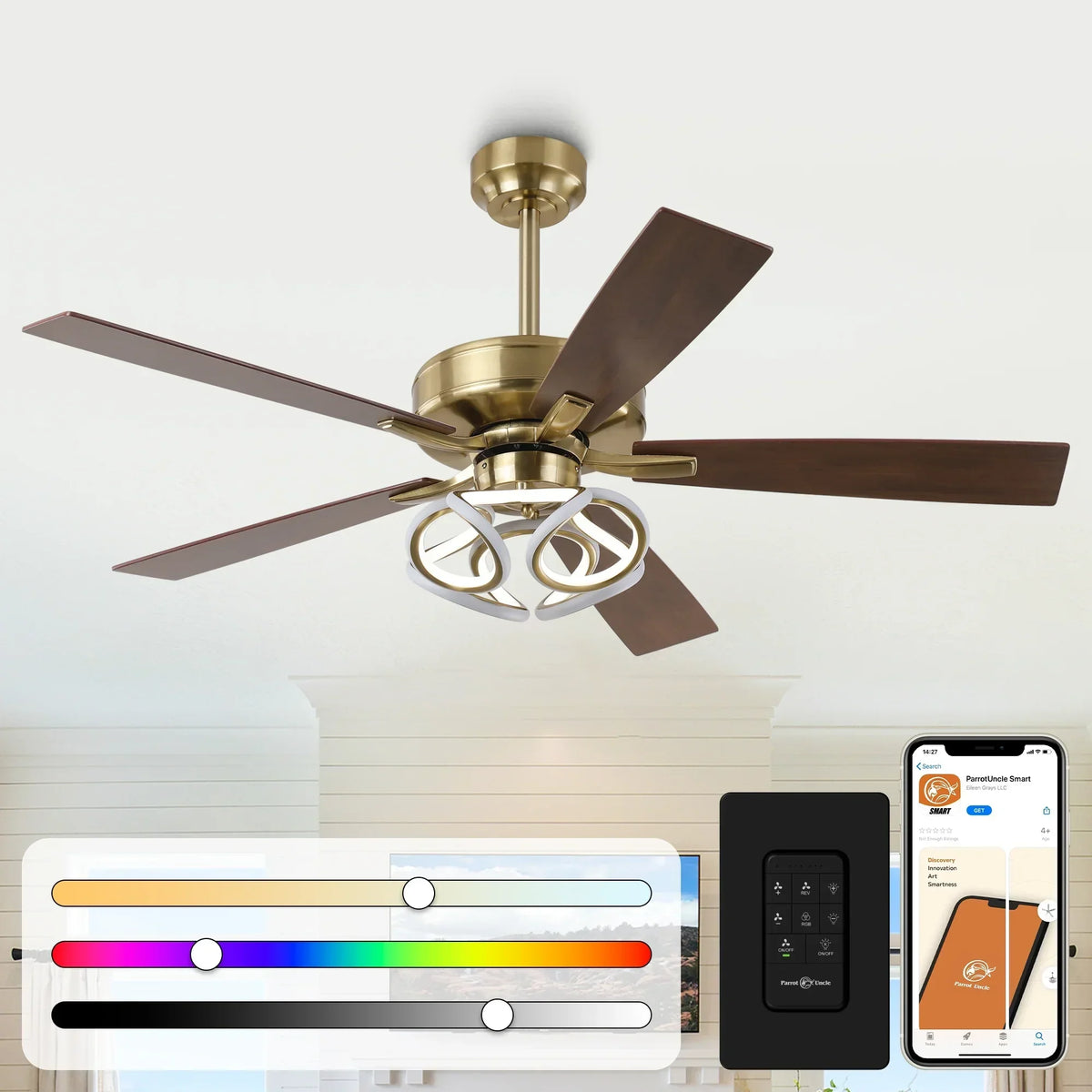 52 Inch Boyd Antique-bronze Golden Downrod Mount RGB LED Smart Fan