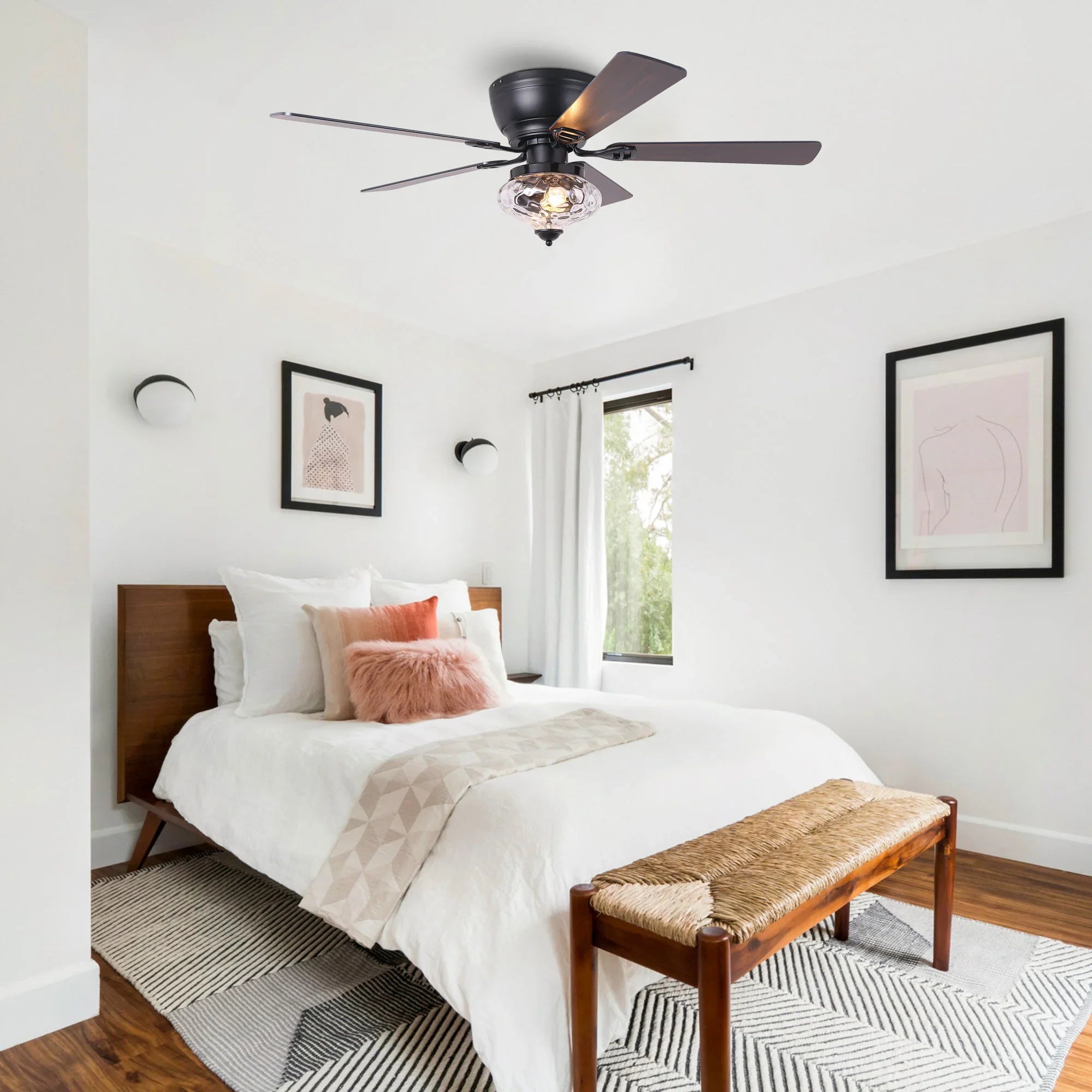 Ventilador de techo moderno de 52" con motor de CC y 5 aspas, montaje empotrado