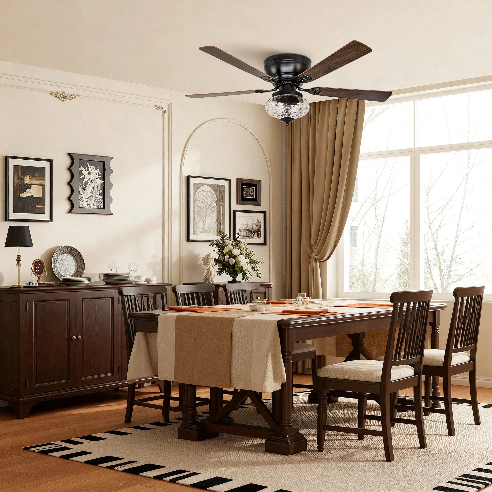 Ventilador de techo moderno de 52" con motor de CC y 5 aspas, montaje empotrado