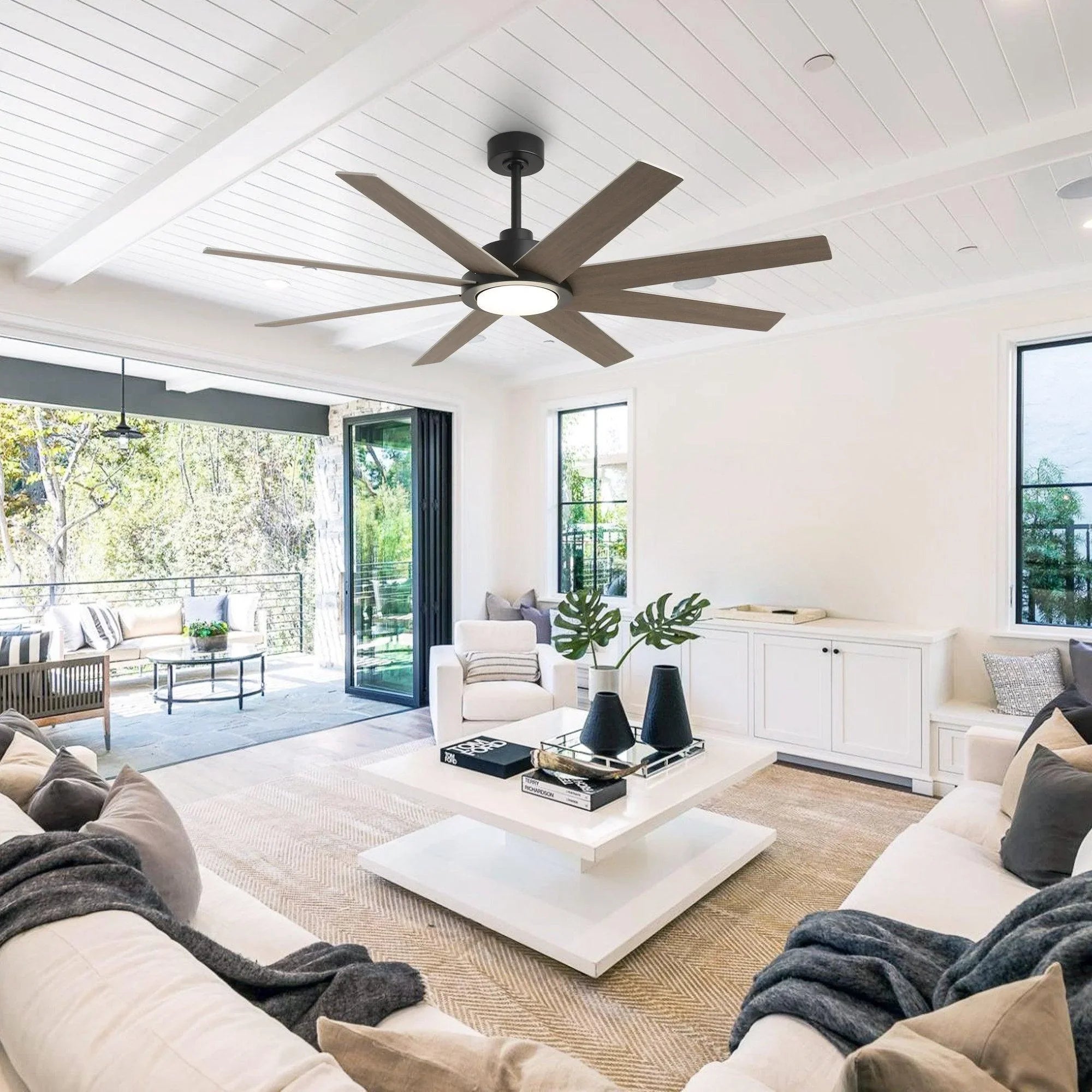 Ventilador de techo moderno de 60" con motor de CC, 8 aspas, montaje en varilla, luz LED y control remoto