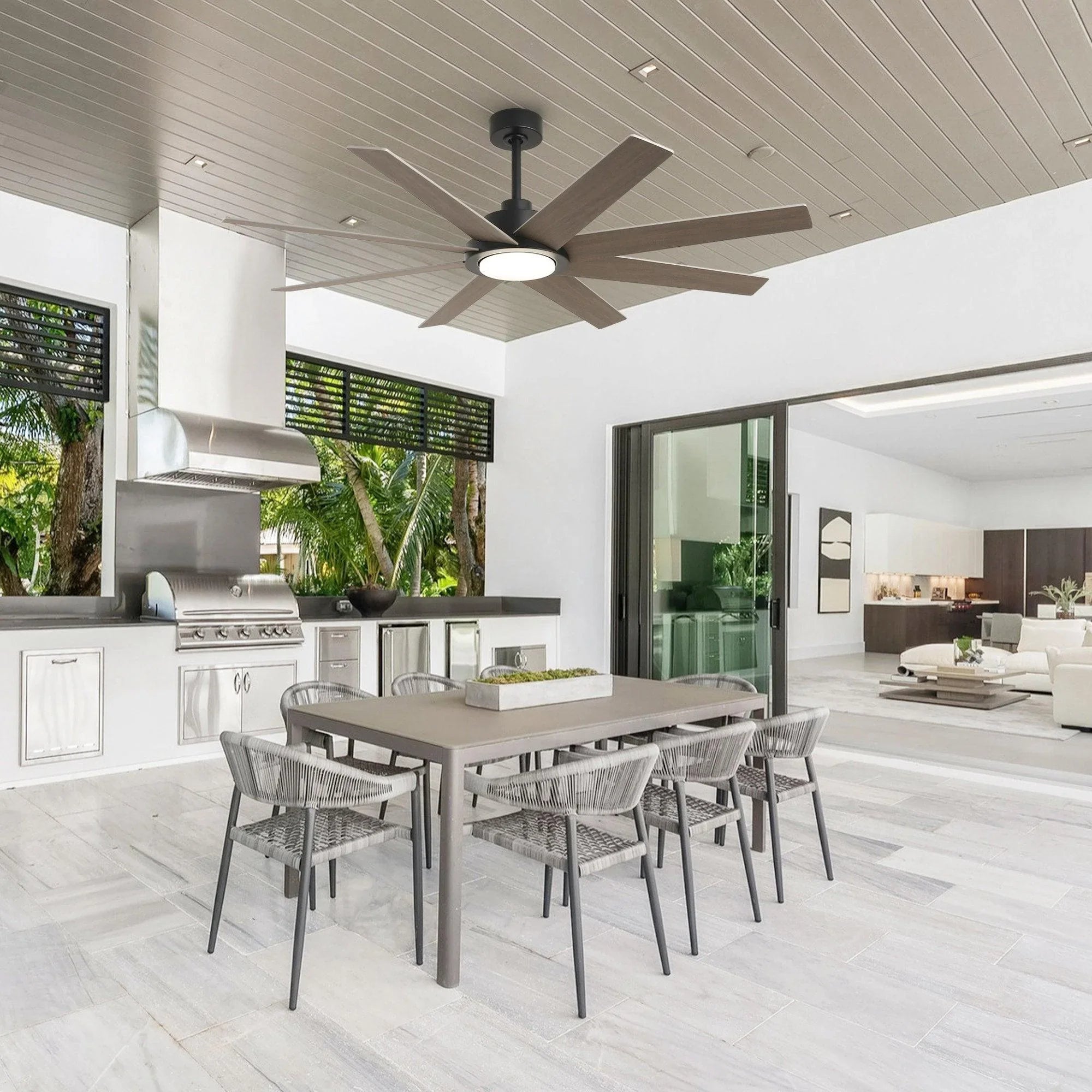 Ventilador de techo moderno de 60" con motor de CC, 8 aspas, montaje en varilla, luz LED y control remoto