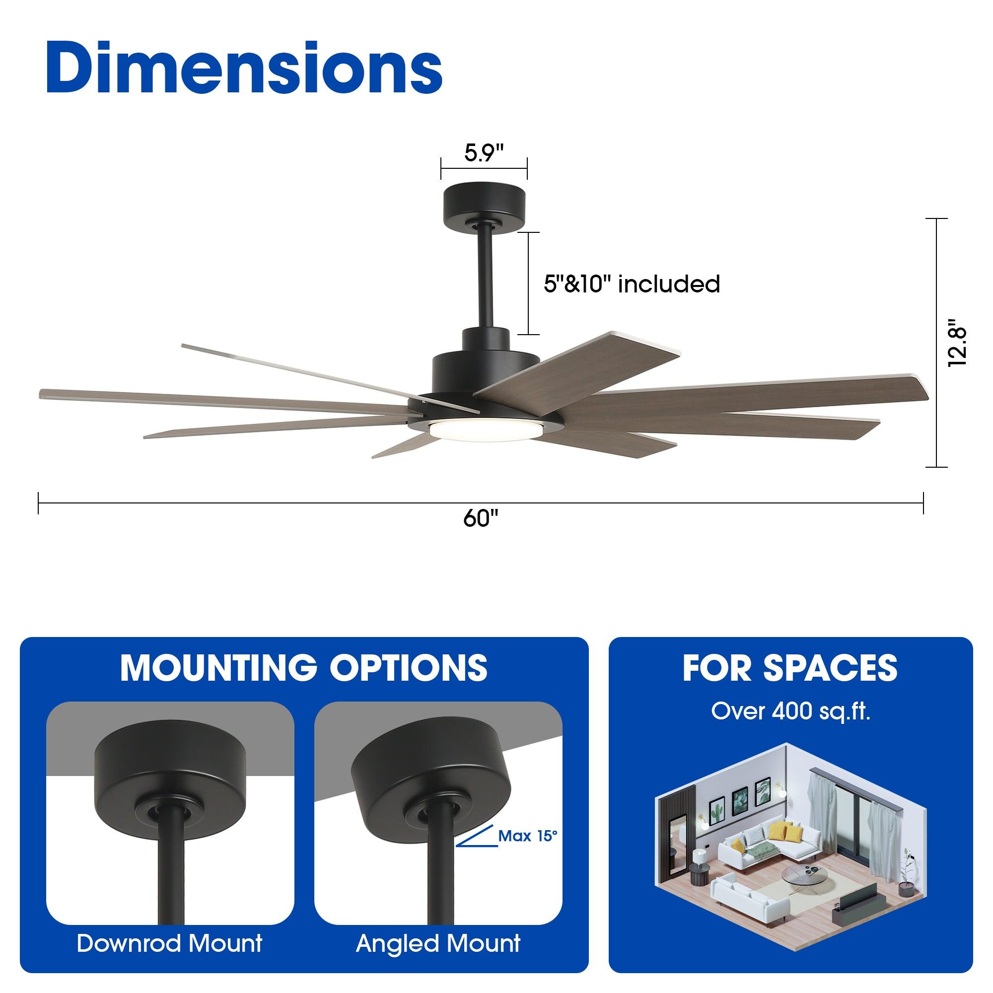 Ventilador de techo moderno de 60" con motor de CC, 8 aspas, montaje en varilla, luz LED y control remoto