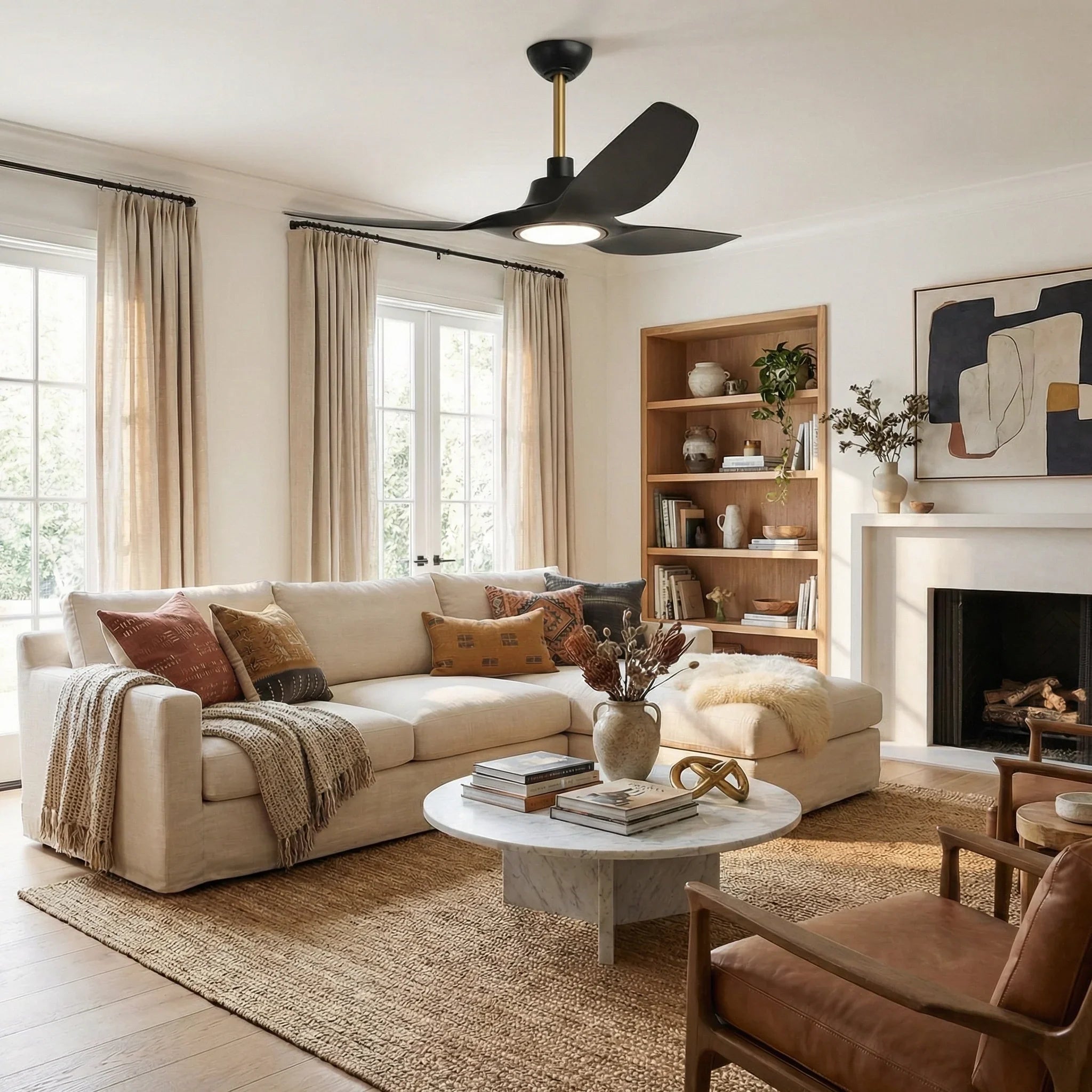 52" DC Motor 3 Blades Modern Downrod Mount Smart Fan with LED Light