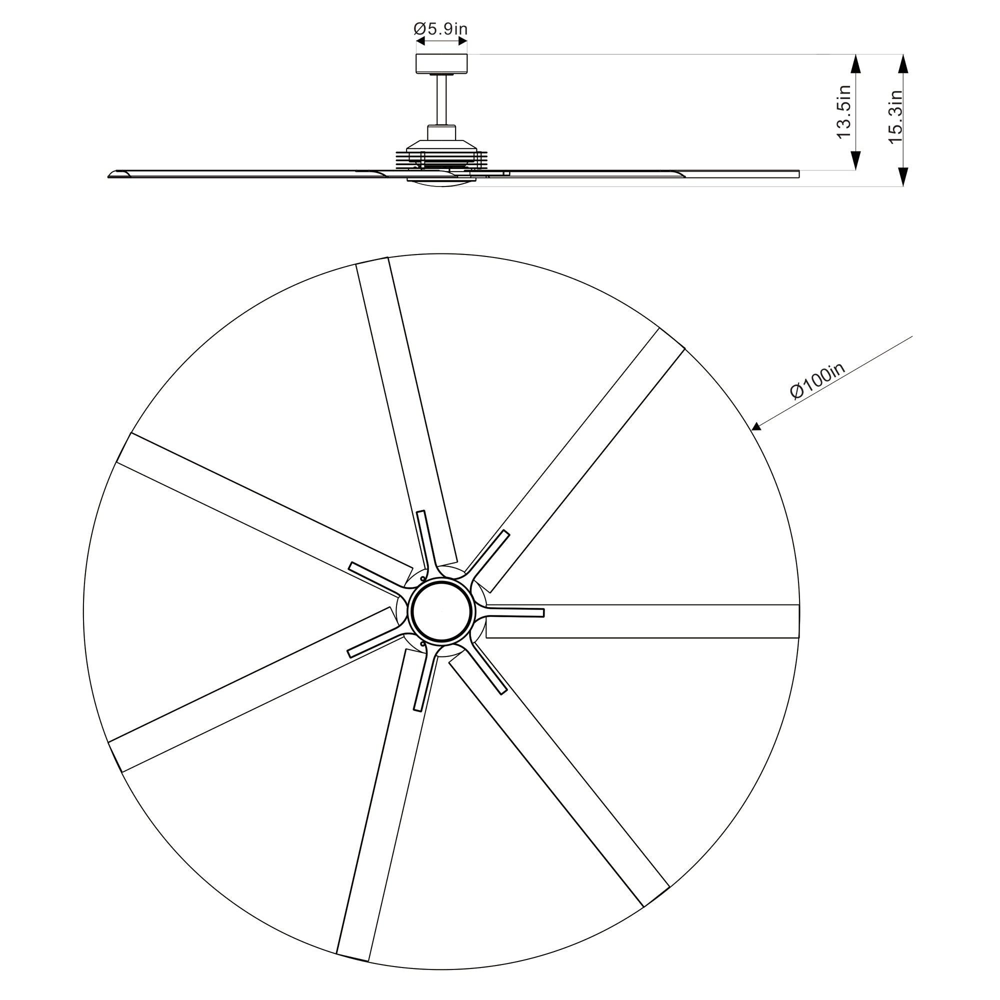 84 Inch 100 Inch Padus Black Large Size Ceiling Fan with Dimmable Lighting and Remote Control