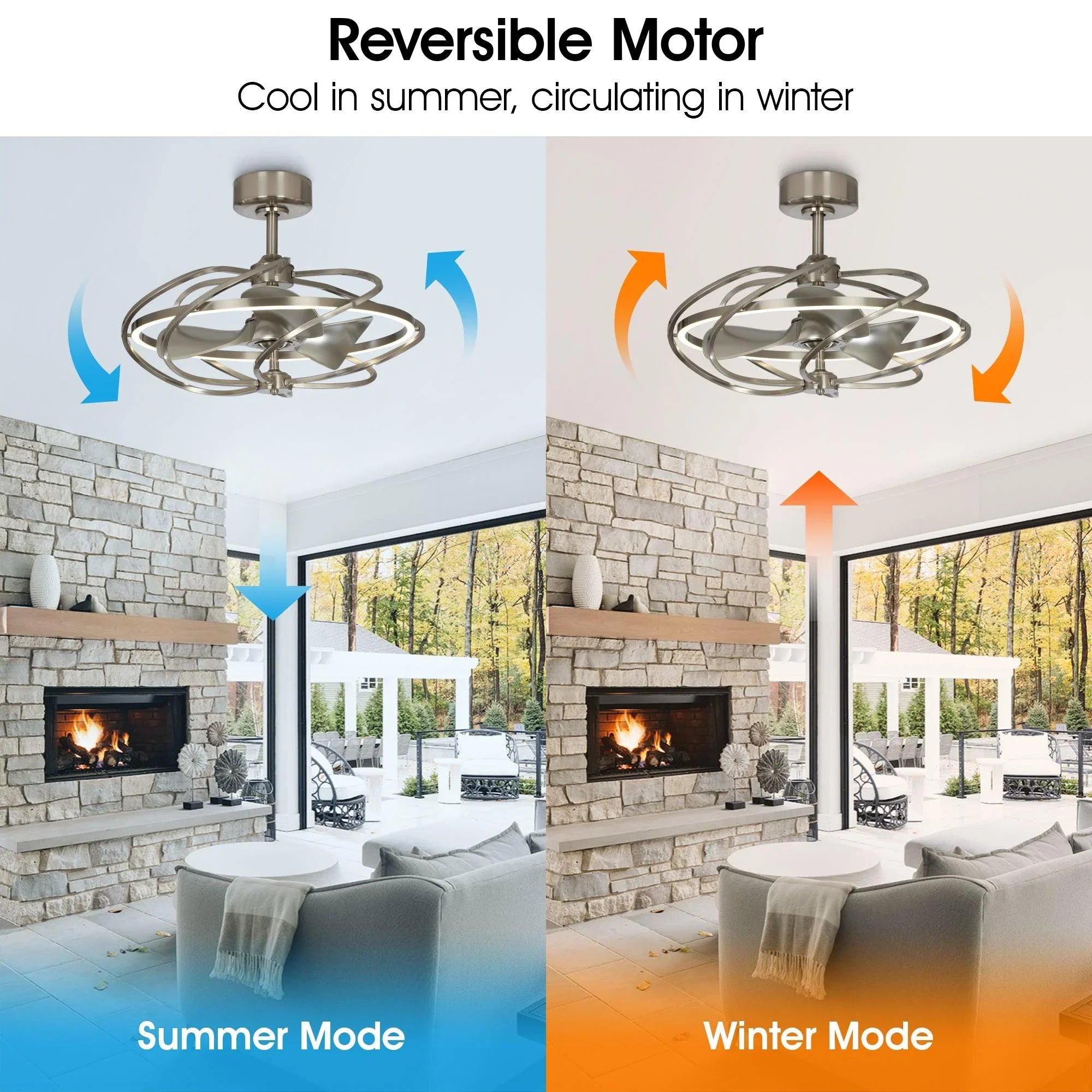 Ventilador de techo reversible Bucholz de 27" con motor de CC industrial, níquel cepillado, montaje en varilla, iluminación y control remoto.