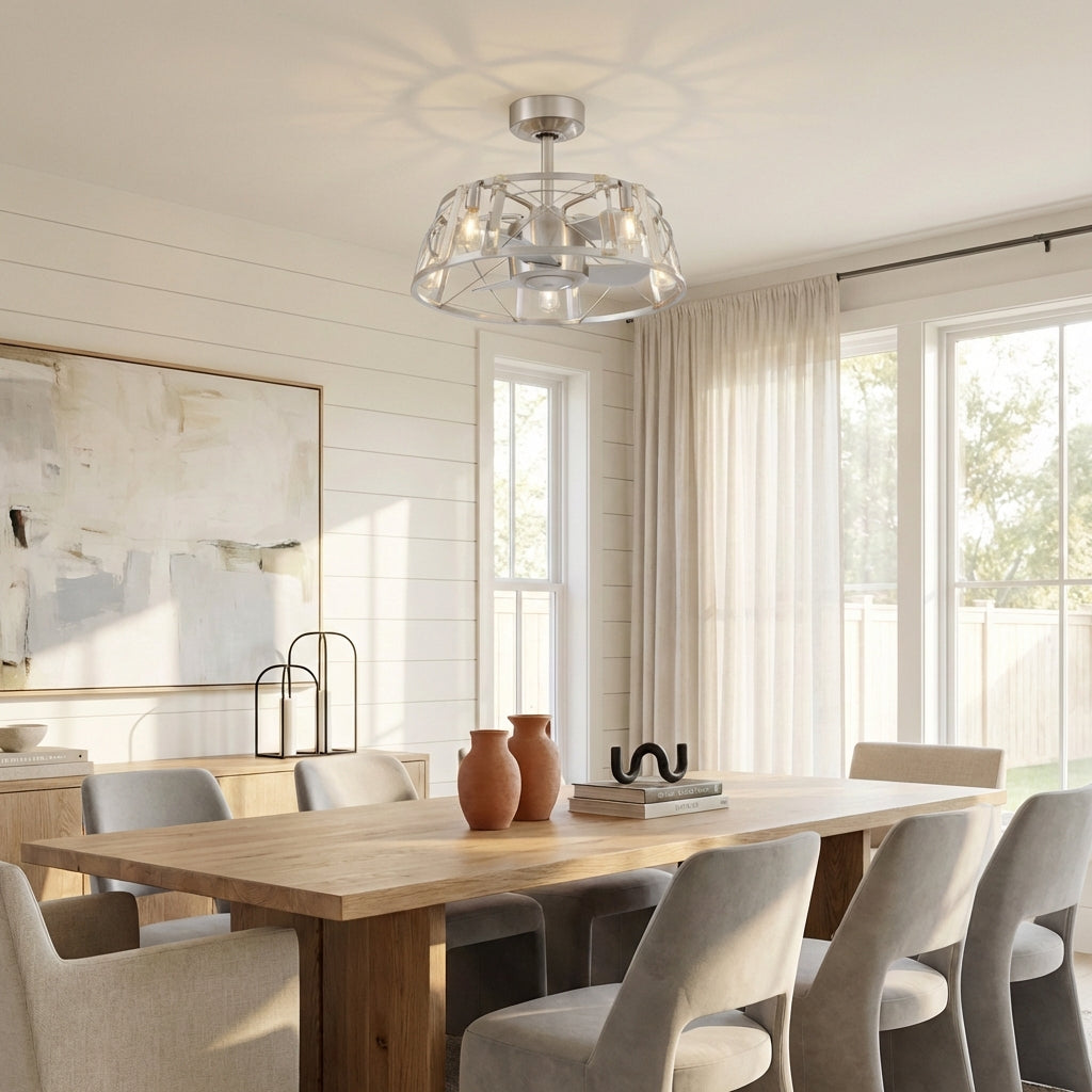 23" Modern Satin Nickel DC Motor Downrod Mount Reversible Fandelier Ceiling Fan with Lighting and Remote Control