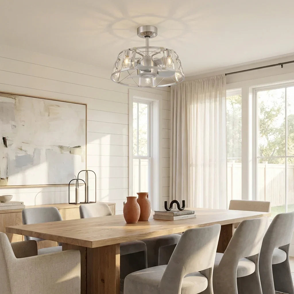 Ventilador de techo reversible de 23" con motor de CC, níquel satinado, montaje en varilla, iluminación y control remoto.