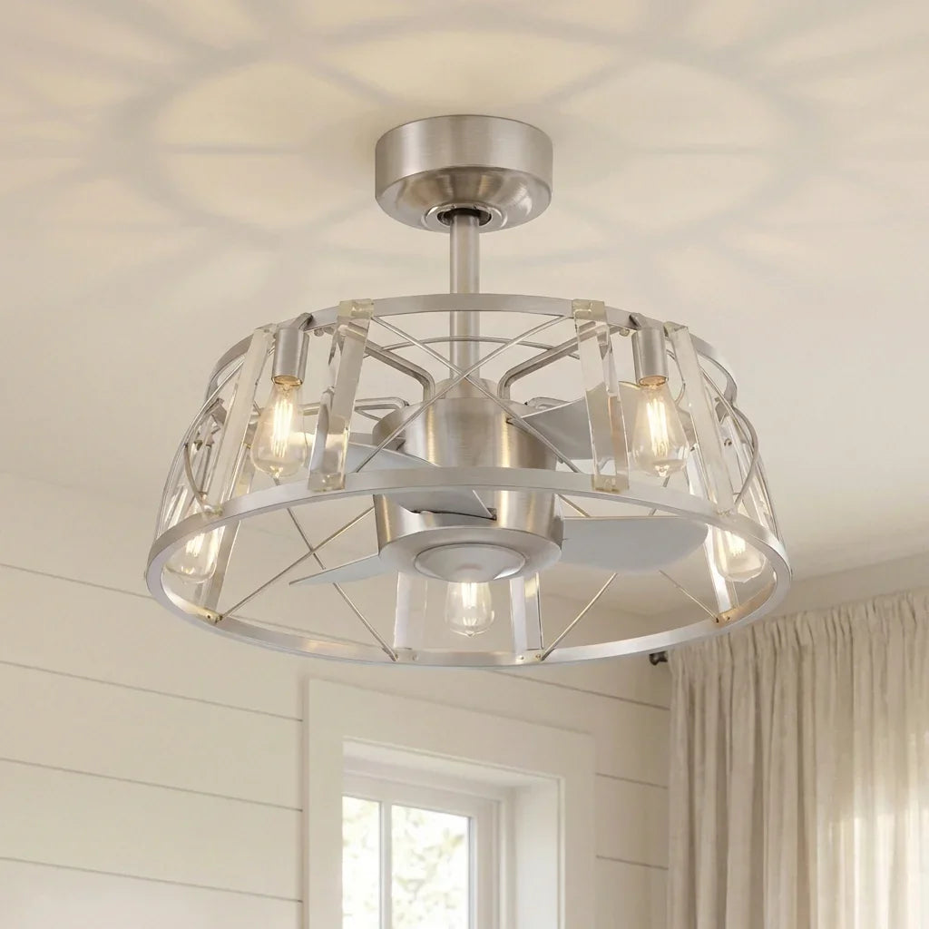 Ventilador de techo reversible de 23" con motor de CC, níquel satinado, montaje en varilla, iluminación y control remoto.