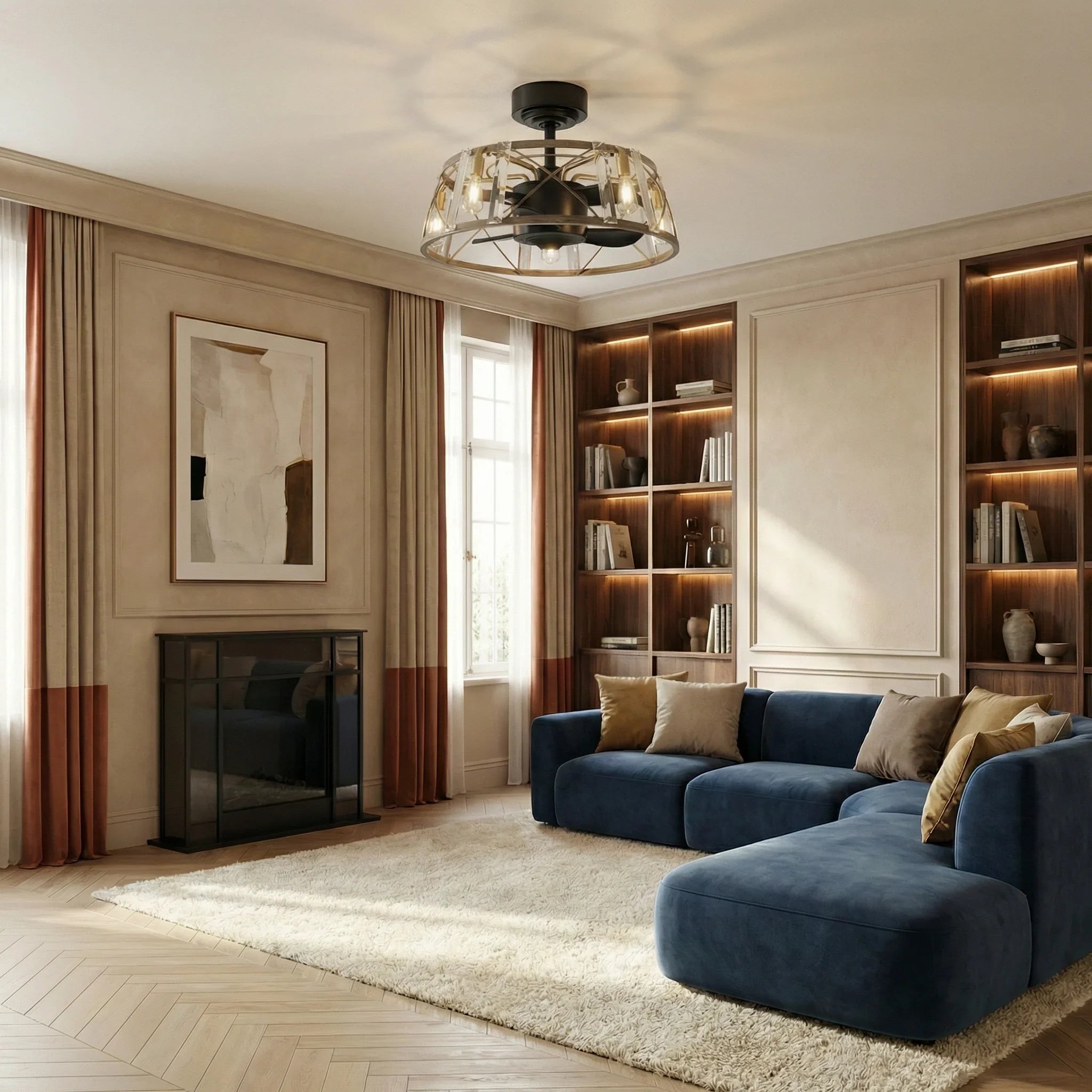 Ventilador de techo reversible de 23" con motor de CC, níquel satinado, montaje en varilla, iluminación y control remoto.