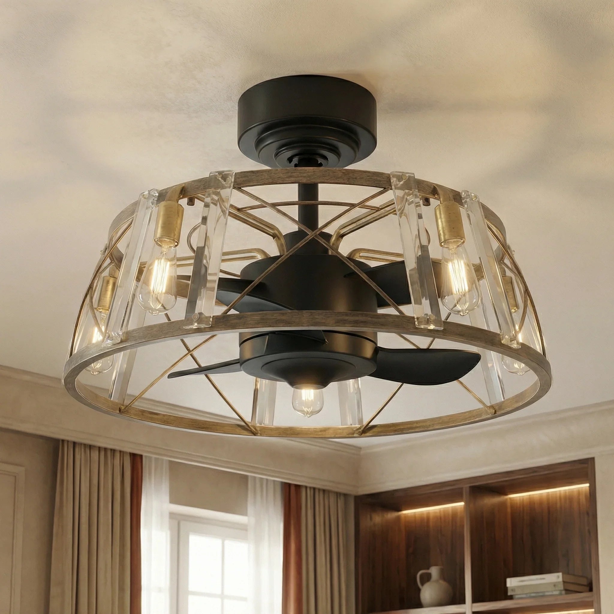 Ventilador de techo reversible de 23" con motor de CC, níquel satinado, montaje en varilla, iluminación y control remoto.