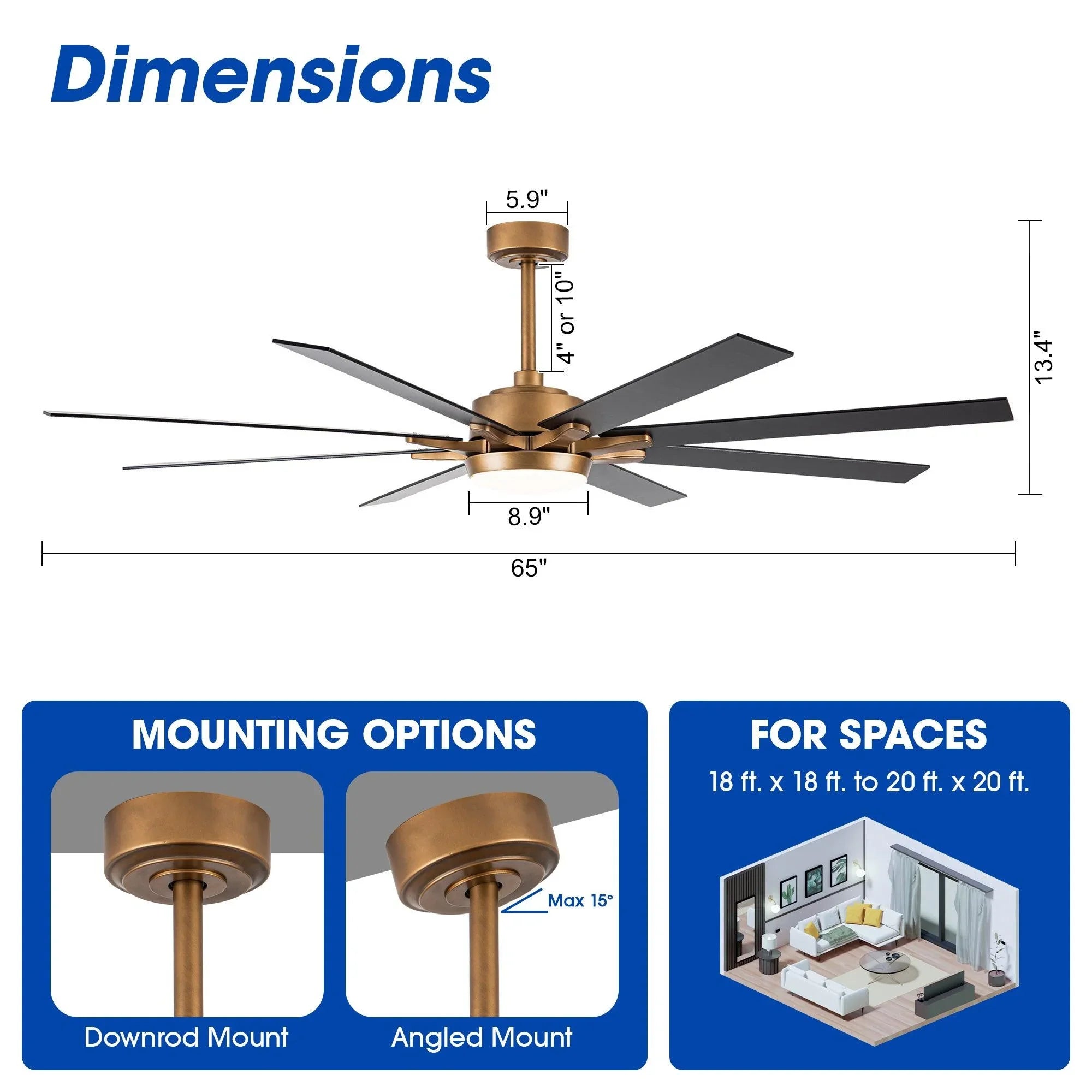 65 "balachandran industrial downrod montaje ventilador de techo con iluminación led y control remoto
