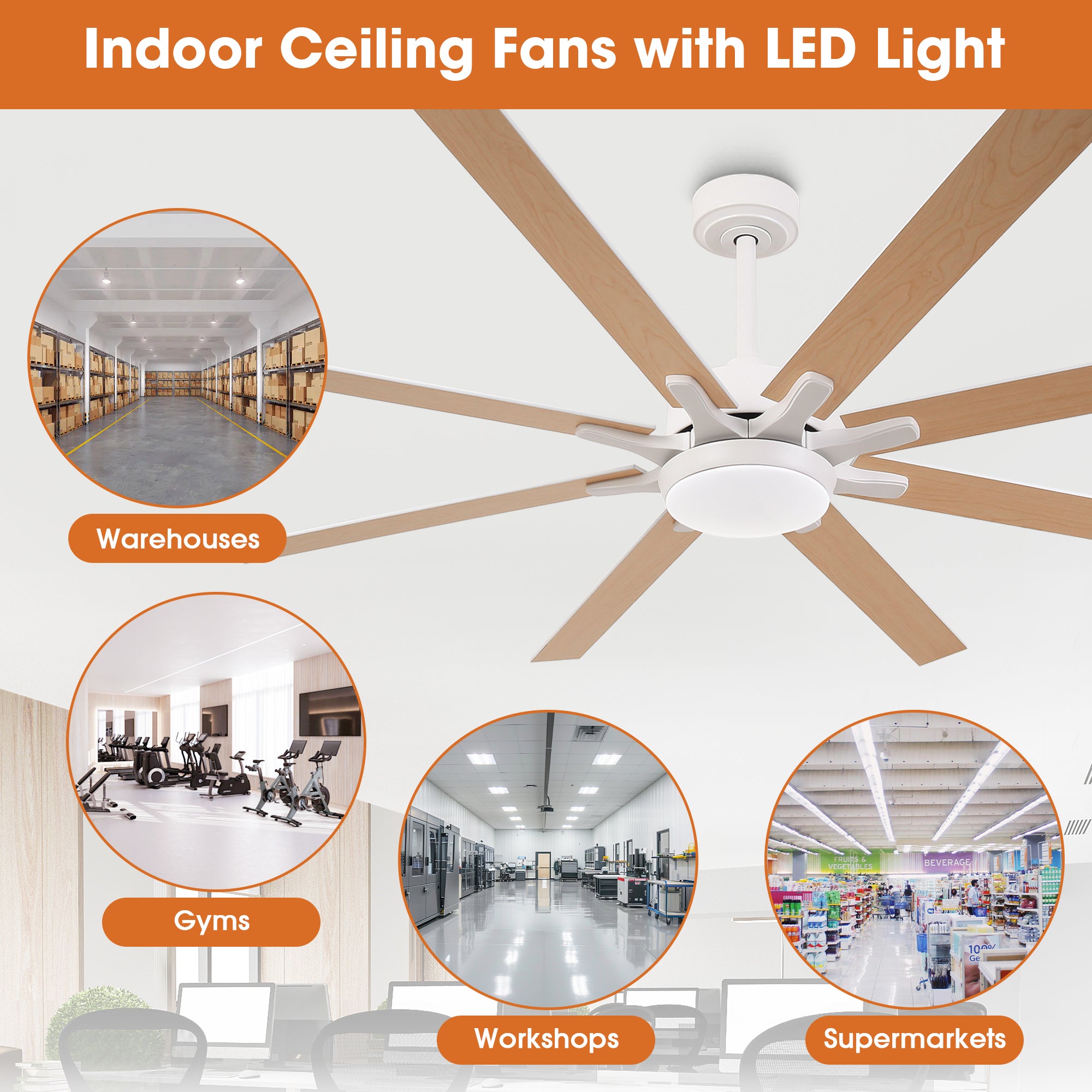 Ventilador de techo moderno Teresa de 65 pulgadas con aspas de doble cara, control remoto y luz LED.