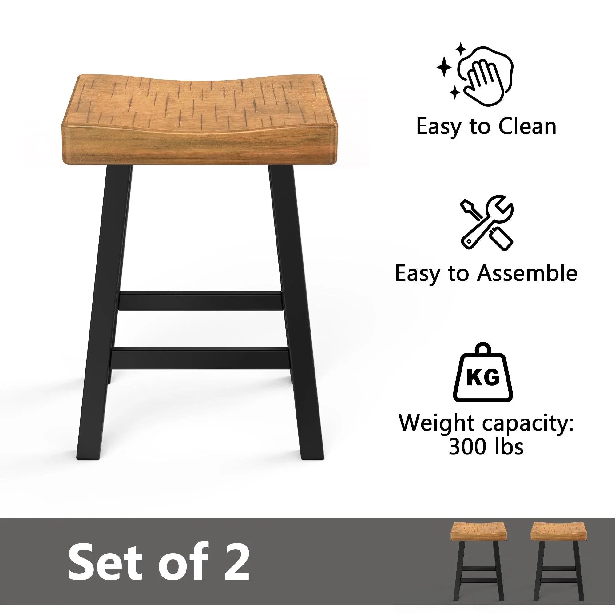 Juego de 2 taburetes de bar de madera maciza estilo rústico: sillas altas de mostrador con asiento de silla de montar y sin respaldo para isla de cocina, desayunador y oficina en casa.