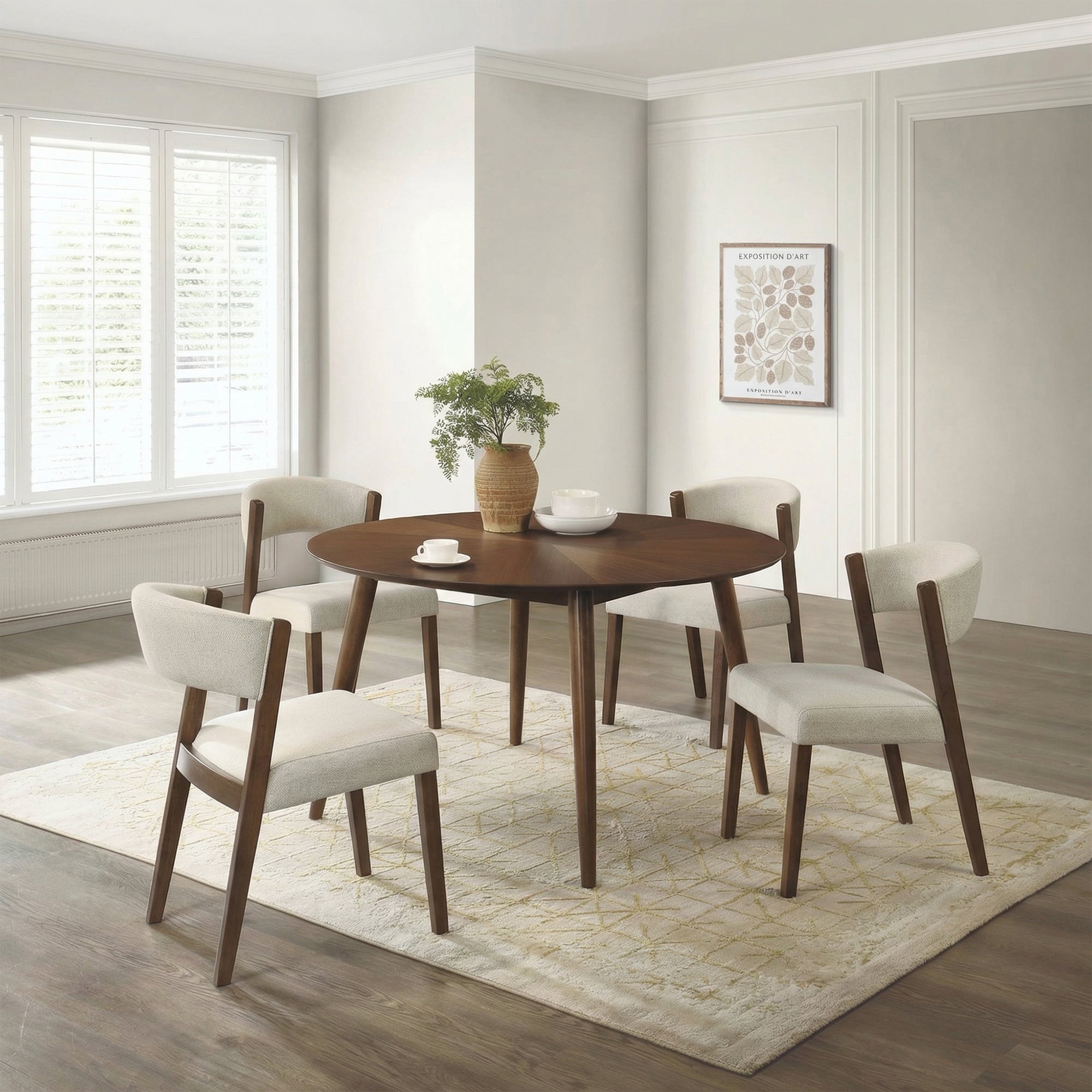 Raissa 5-Piece Walnut Round Wooden Dining Table with 4 Side Chairs