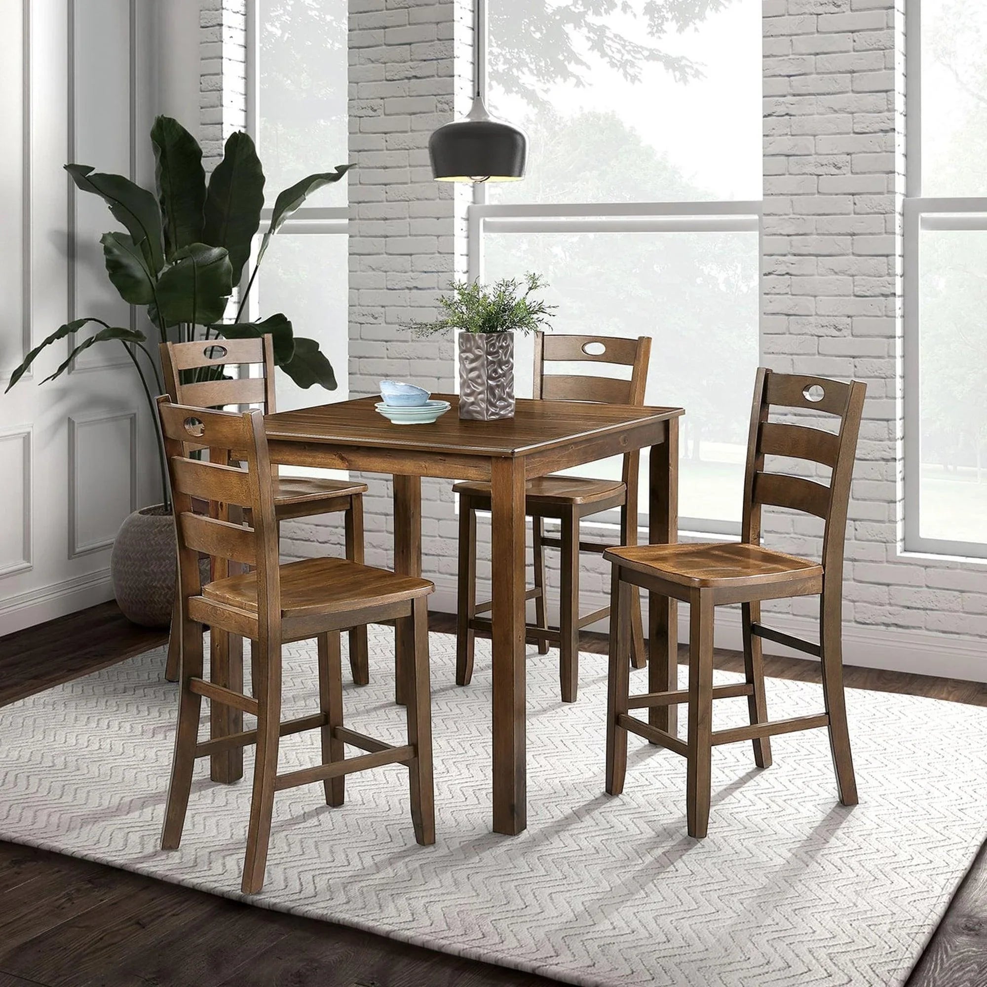 Juego de mesa de 5 piezas de madera maciza de caucho y chapa de madera de 36" de alto.
