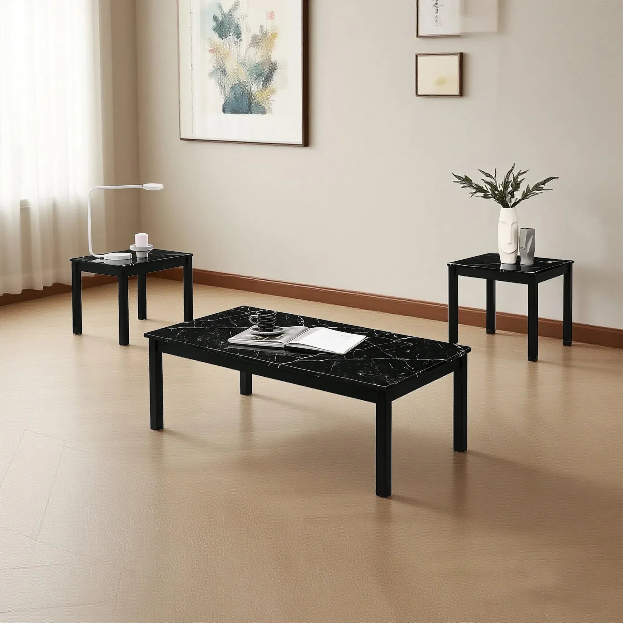 Findlay 3-Piece 47.5 in. Rectangle Faux Marble Top Coffee Table Set with Solid Wood Legs