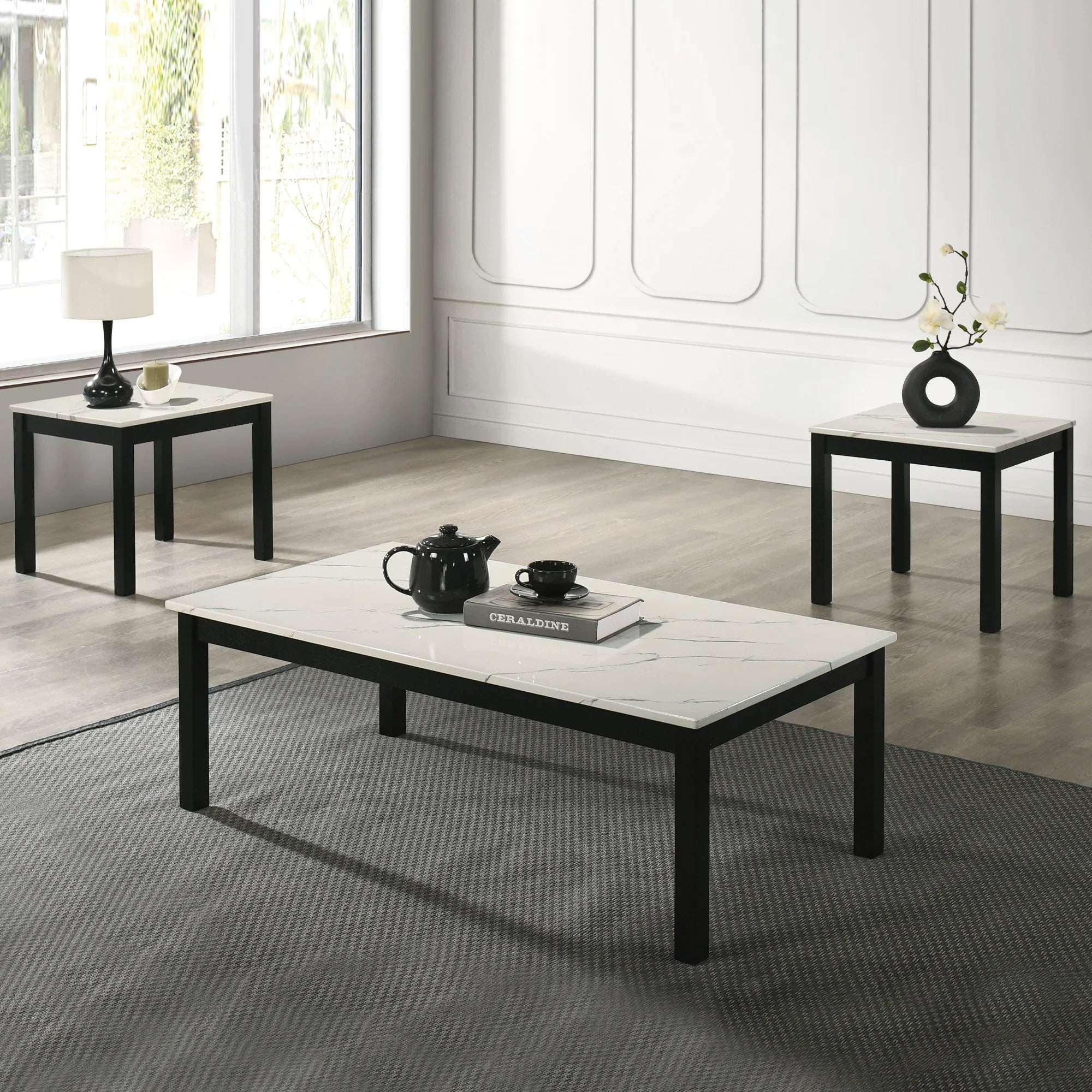 Findlay 3-Piece 47.5 in. Rectangle Faux Marble Top Coffee Table Set with Solid Wood Legs