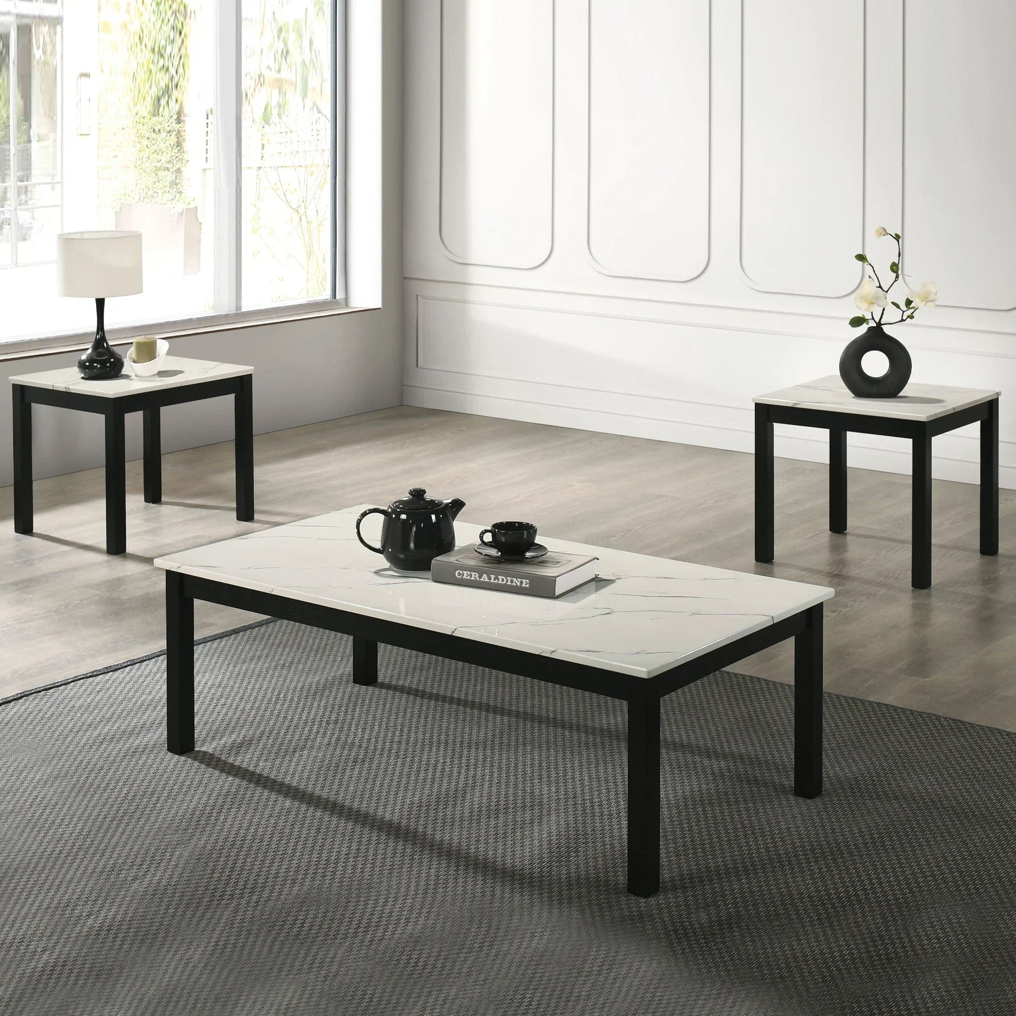 Findlay 3-Piece 47.5 in. Rectangle Faux Marble Top Coffee Table Set with Solid Wood Legs