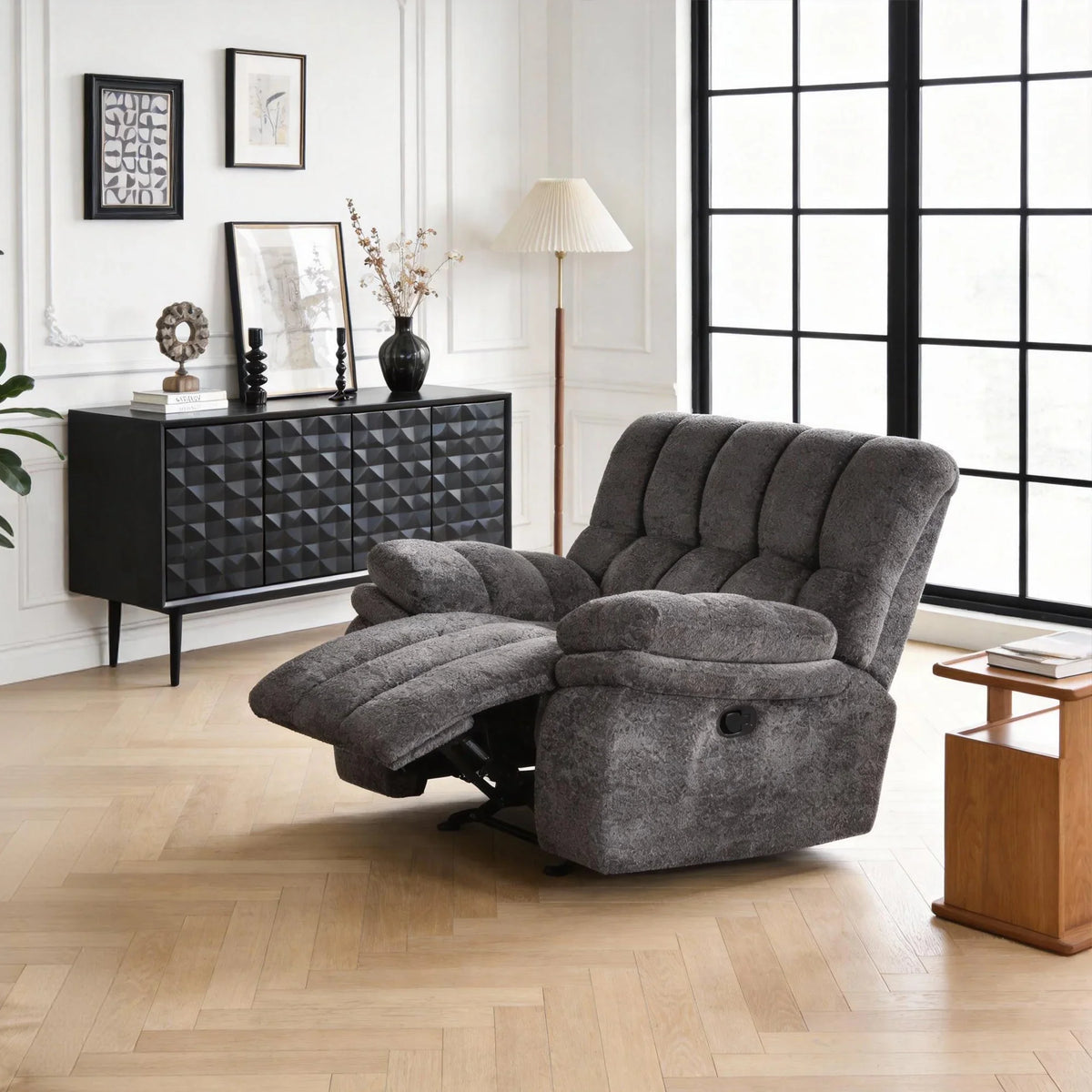 43 Inch Leather Manual Glider Recliner with Biscuit-Padded Seats & Back