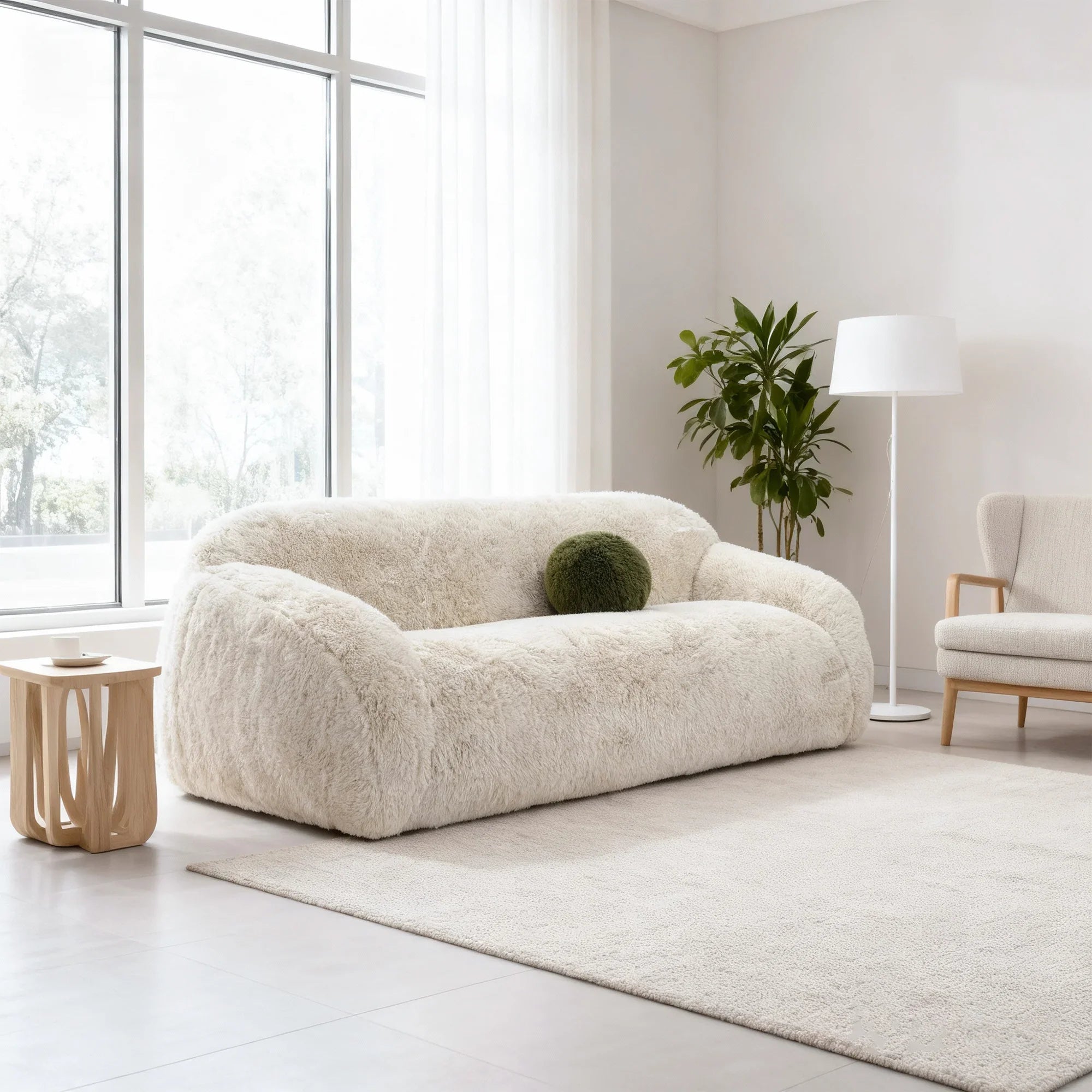 84 Inch Darwen Modern Faux Fur Sofa with Ball Pillow for Living Room
