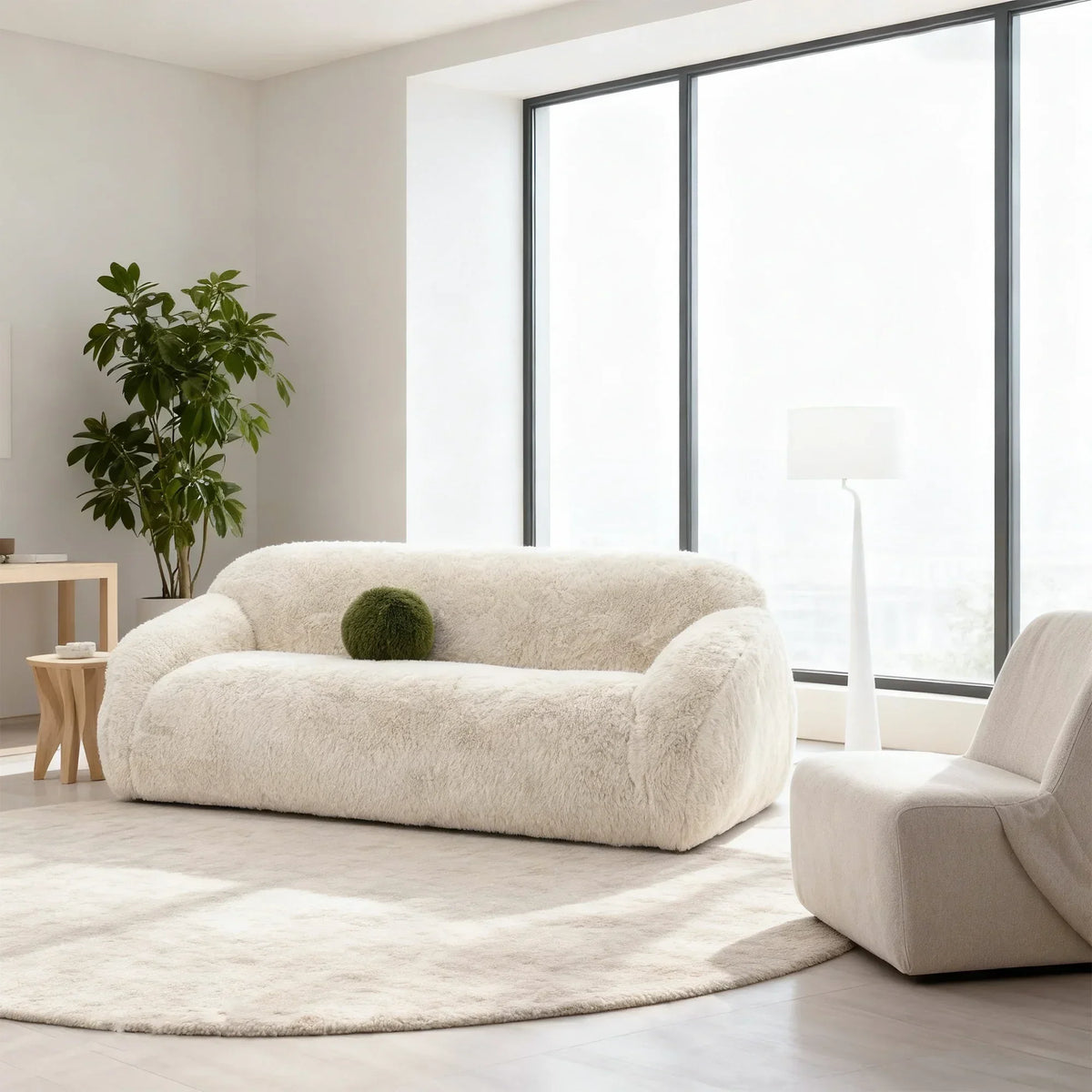 84 Inch Darwen Modern Faux Fur Sofa with Ball Pillow for Living Room