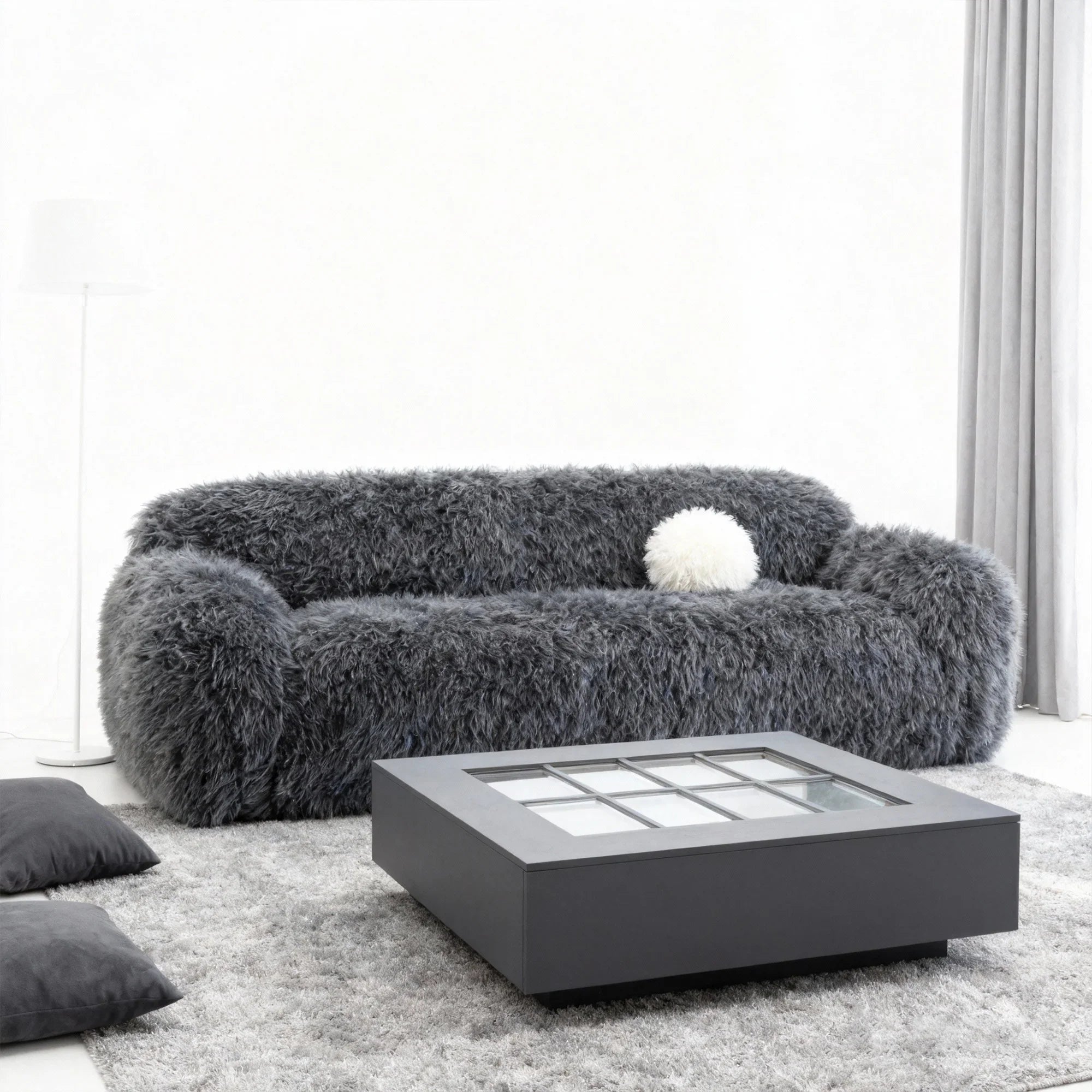 84 Inch Darwen Modern Faux Fur Sofa with Ball Pillow for Living Room