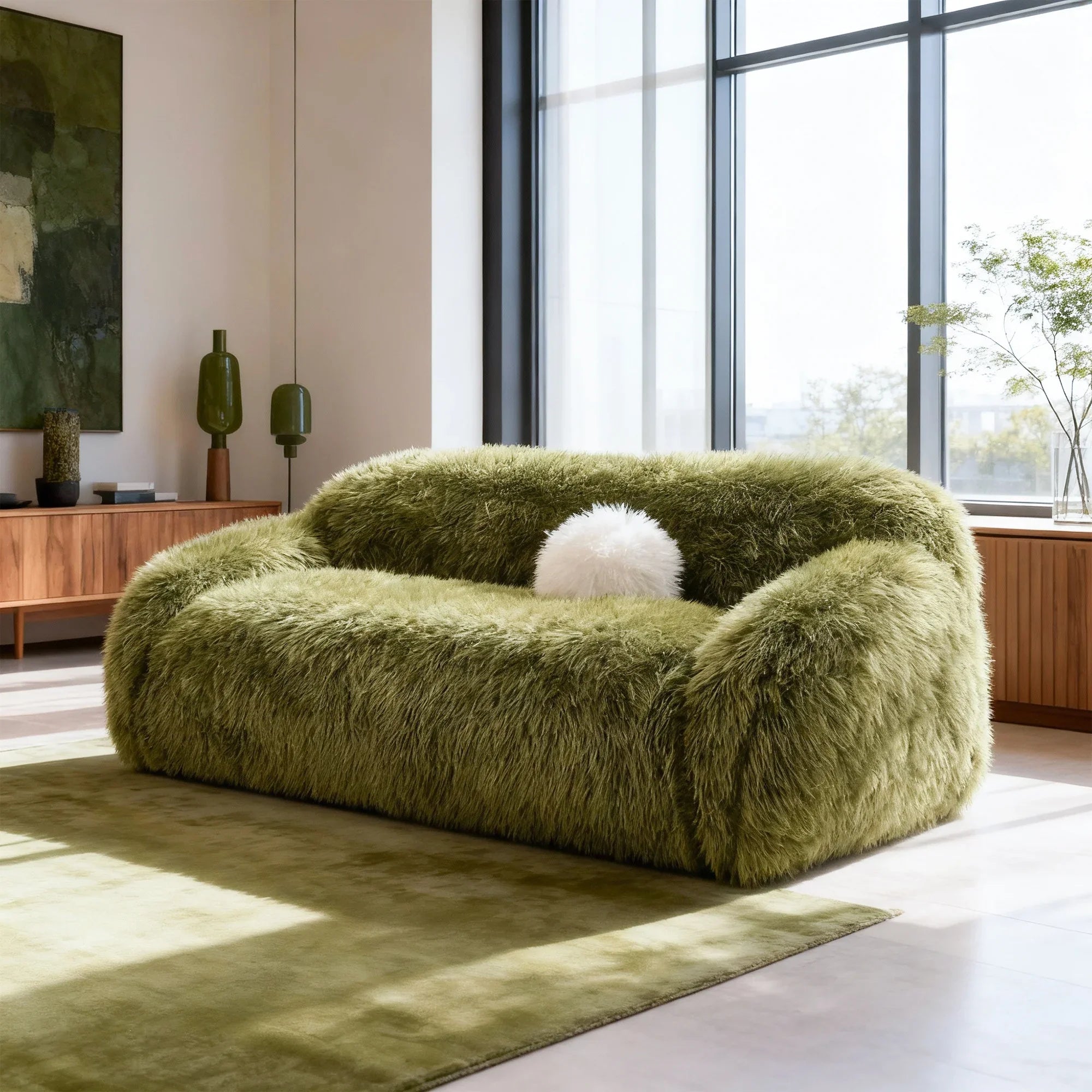 84 Inch Darwen Modern Faux Fur Sofa with Ball Pillow for Living Room