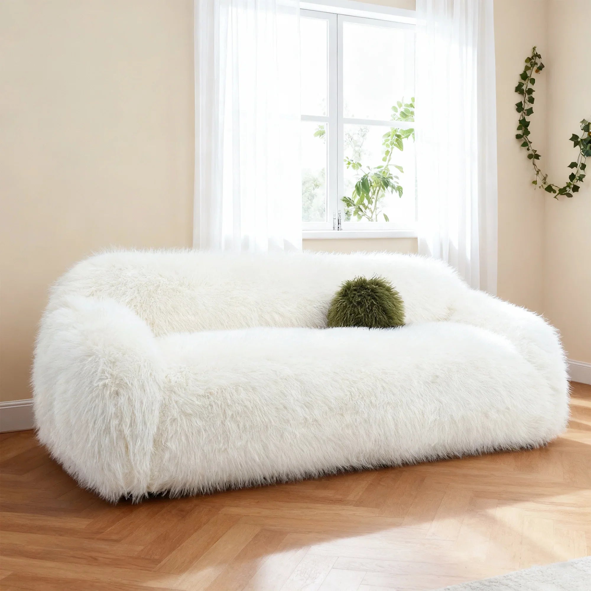 84 Inch Darwen Modern Faux Fur Sofa with Ball Pillow for Living Room