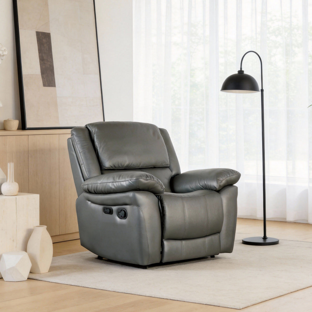 38 Inch Leather Recliner Chair with Pillow Top Arms for Living Room