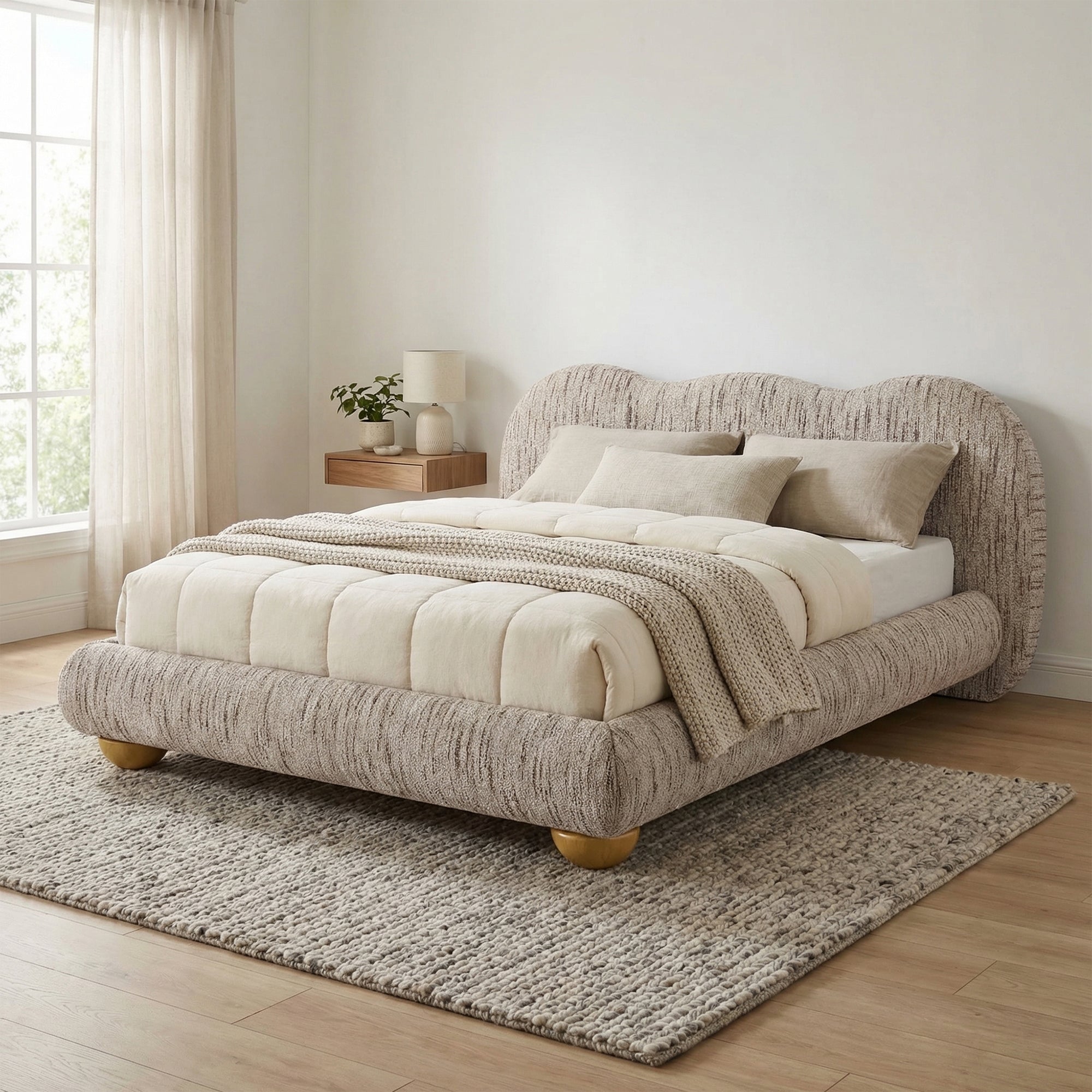Finamore E.King & Queen Frame Platform Bed with Round Bun Wood Feet