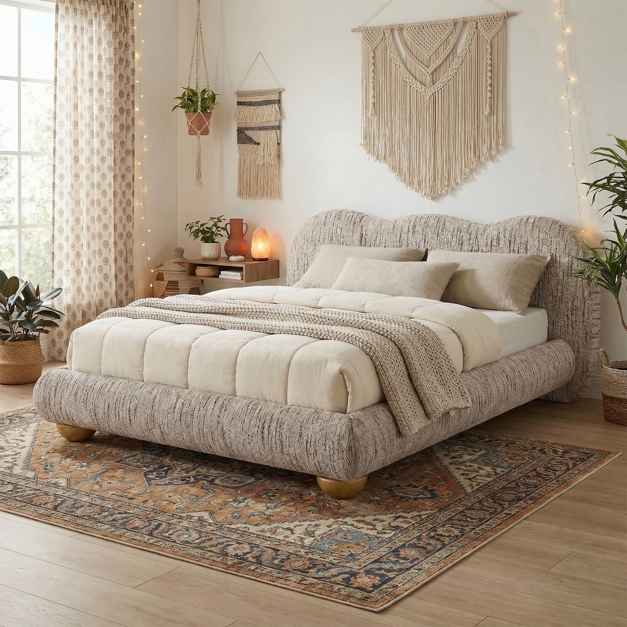 Finamore E.King & Queen Frame Platform Bed with Round Bun Wood Feet