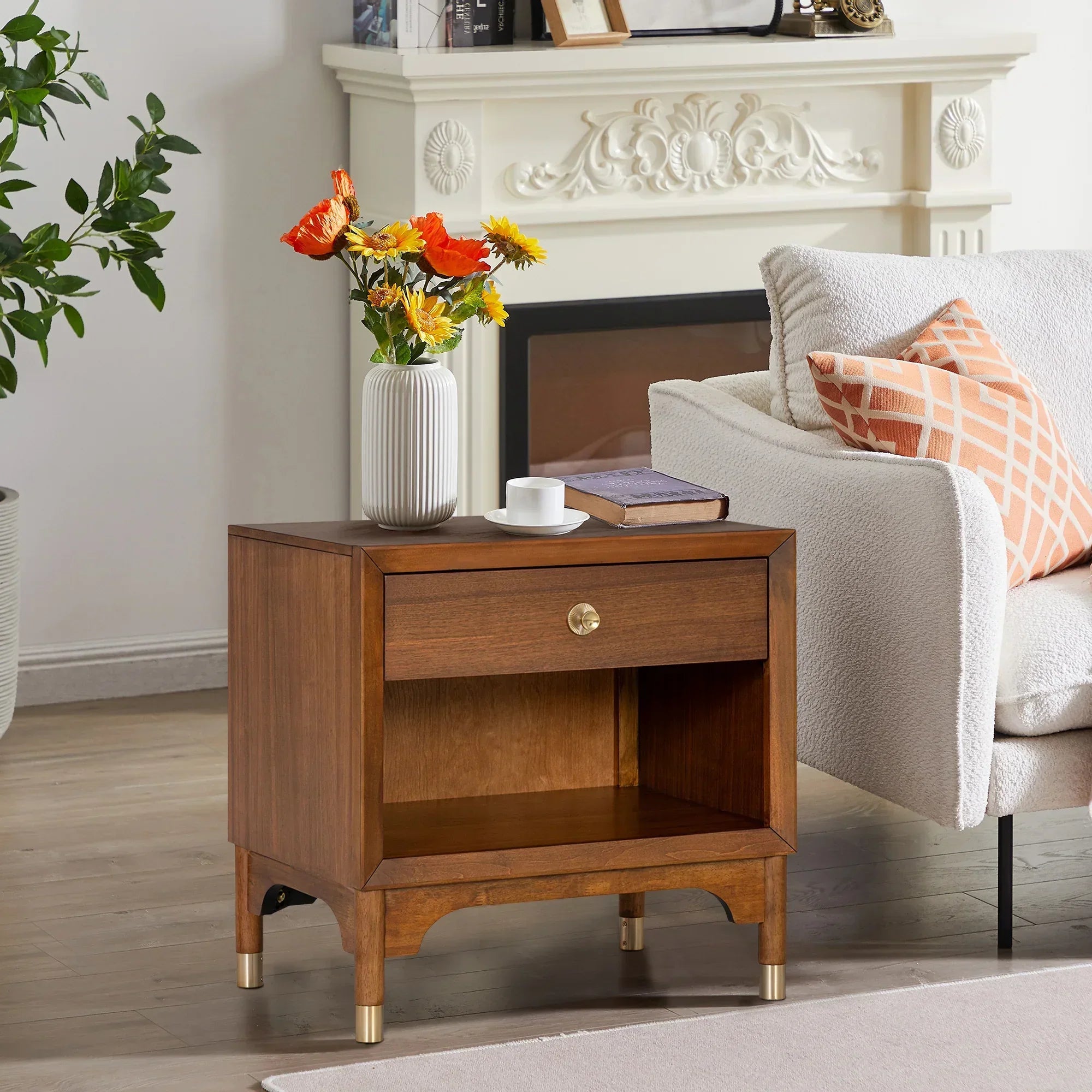 Hepburne Mid Century Walnut 1-Drawer 26 in. Nightstand with Touch Light