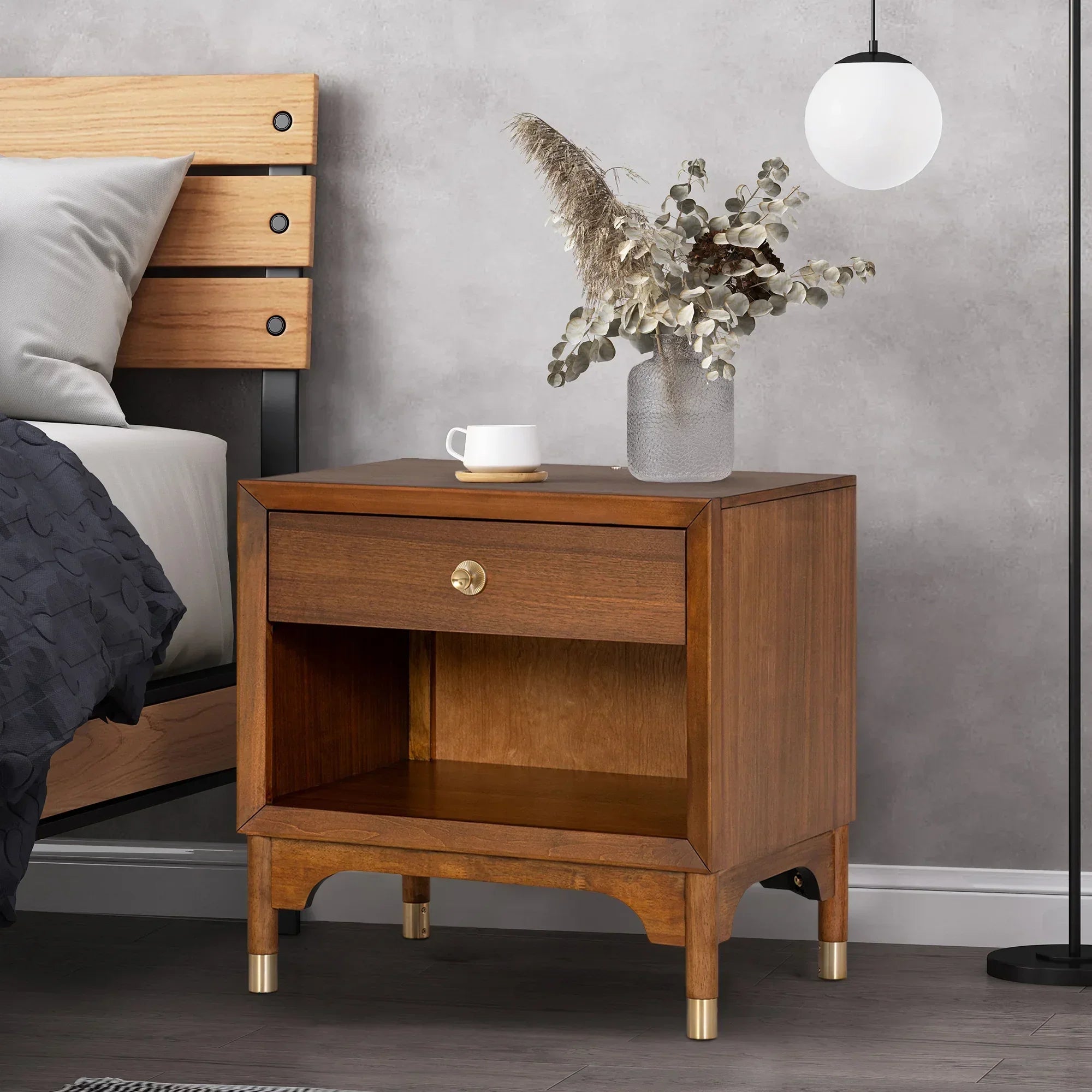 Hepburne Mid Century Walnut 1-Drawer 26 in. Nightstand with Touch Light