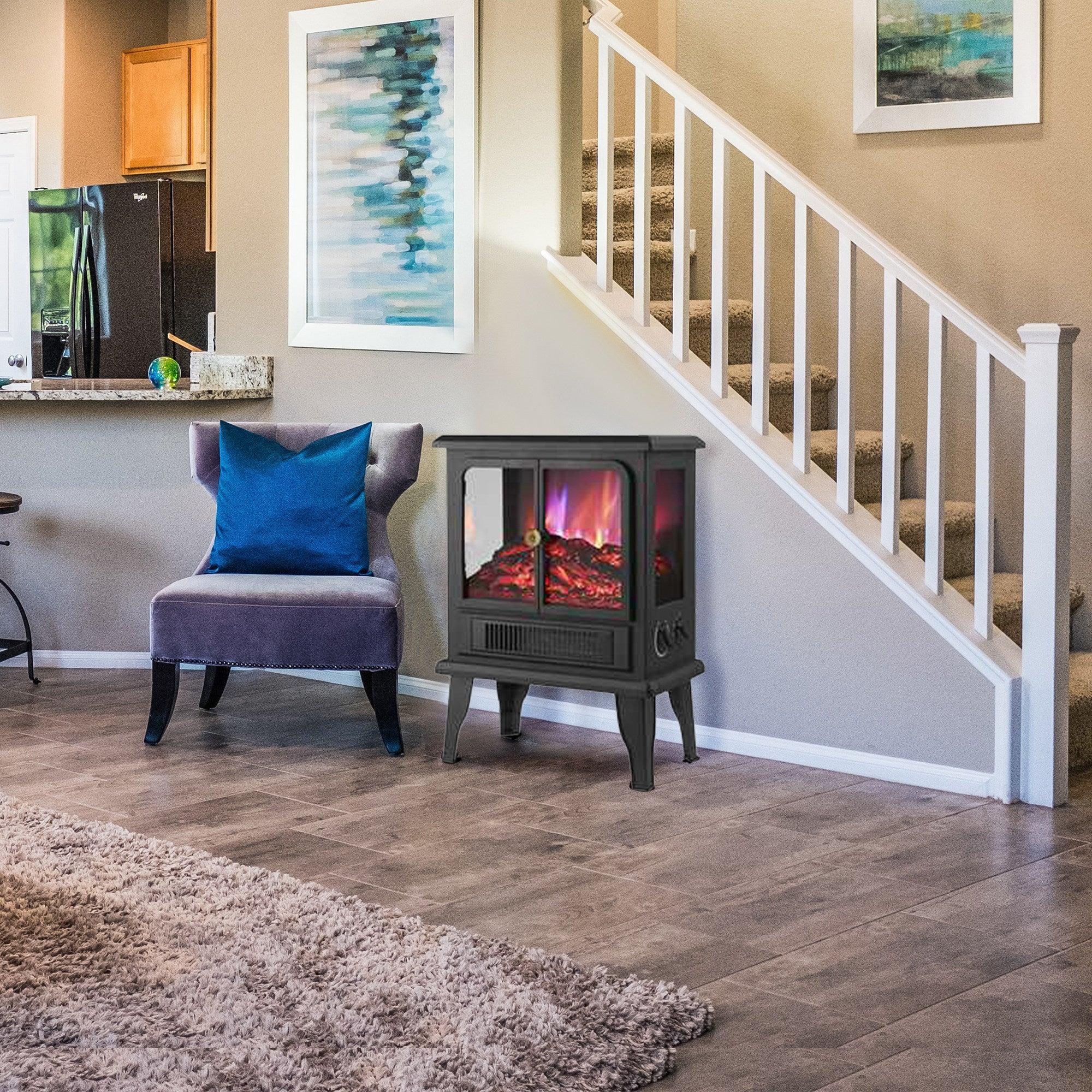 Estufa eléctrica independiente negra con termostato ajustable y protección contra sobrecalentamiento con llama 3D, 1500 W