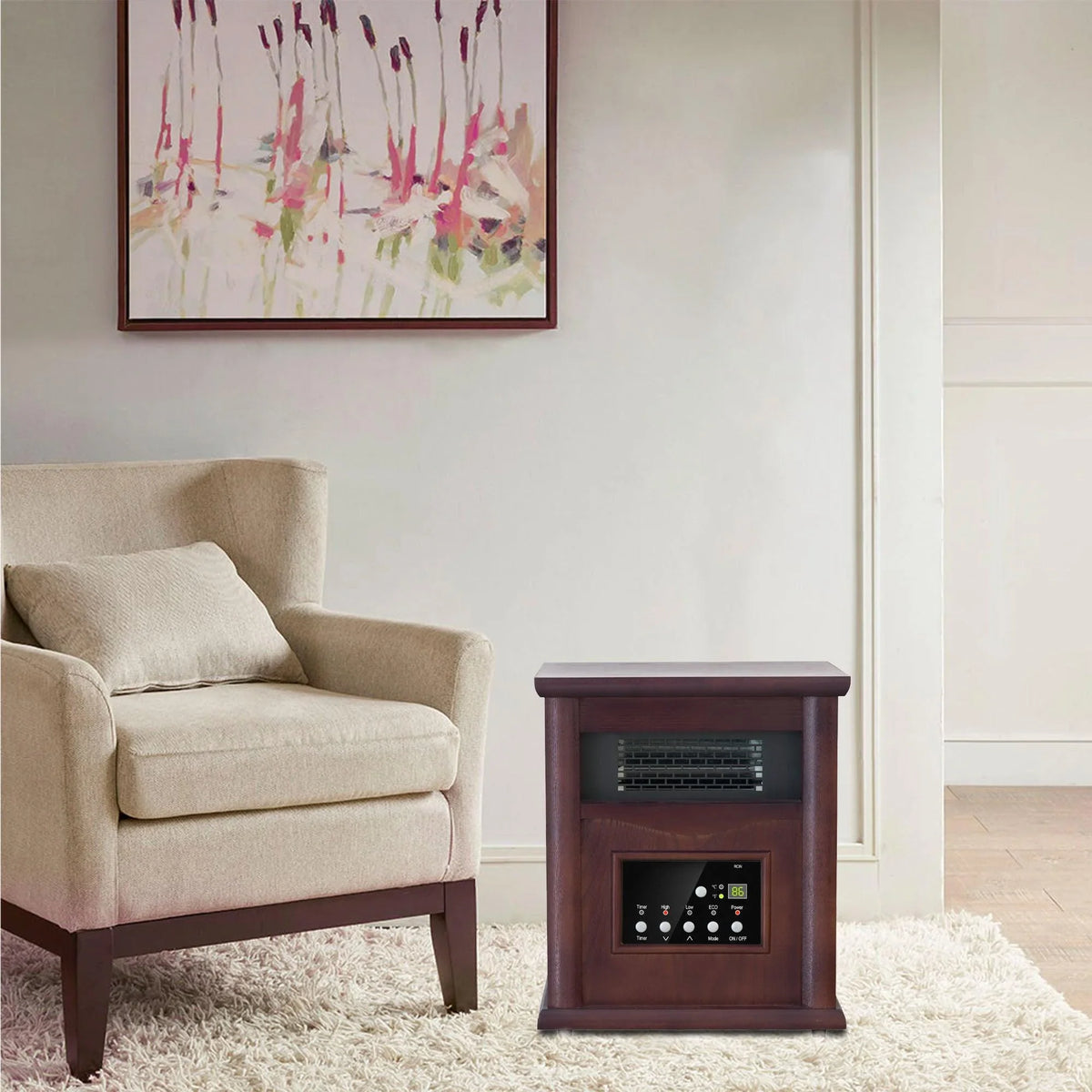 1500-Watt Electric Cabinet 4 Quartz Infrared Heater Wood with LED Digital Screen, Remote Control and Timer