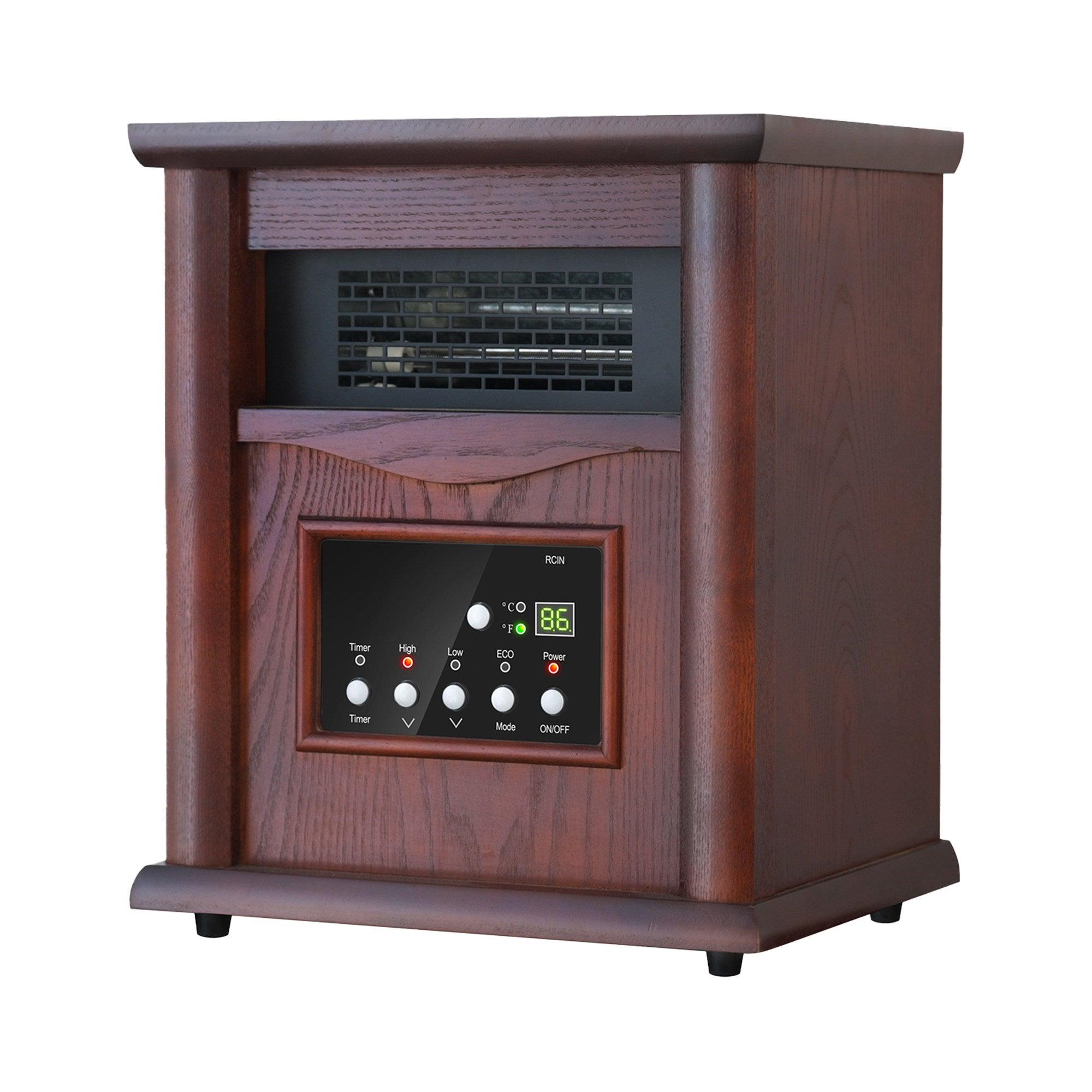 Calentador de madera infrarrojo de cuarzo de 1500 vatios con gabinete eléctrico, pantalla digital LED, control remoto y temporizador.
