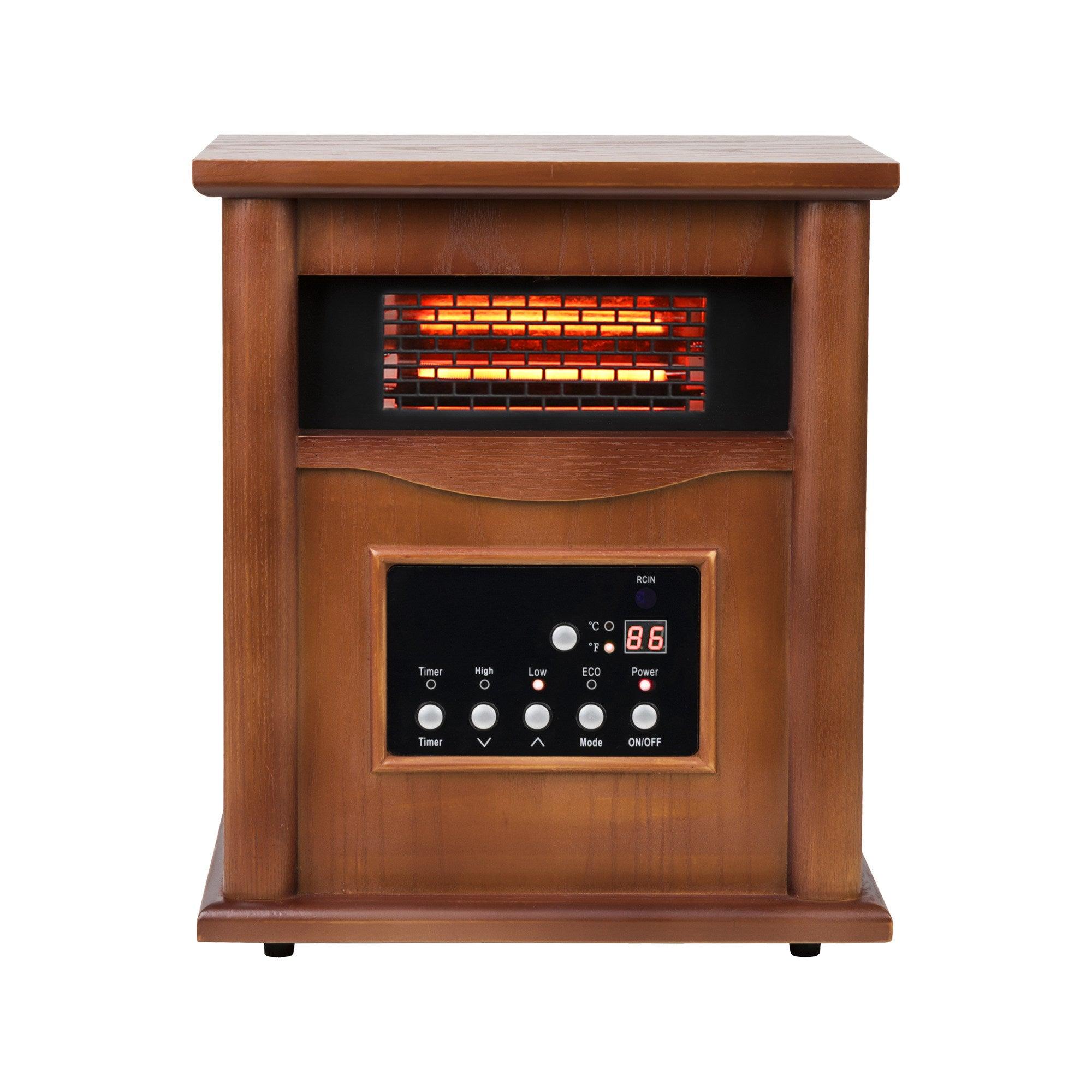 Calentador de madera infrarrojo de cuarzo de 1500 vatios con gabinete eléctrico, pantalla digital LED, control remoto y temporizador.