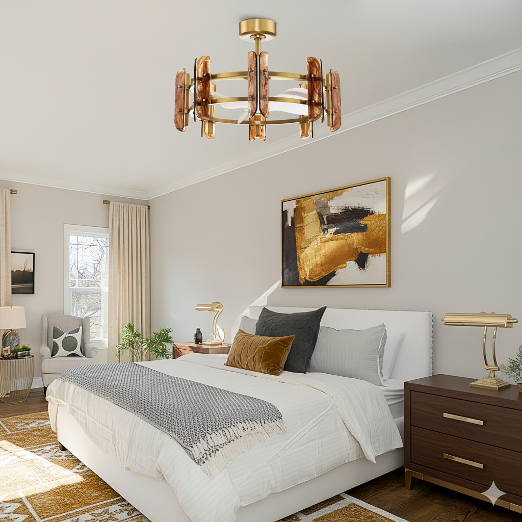 Perimost 32 Inch Electroplated Golden Downrod Mount Luxury Fandelier with Light and Remote Control