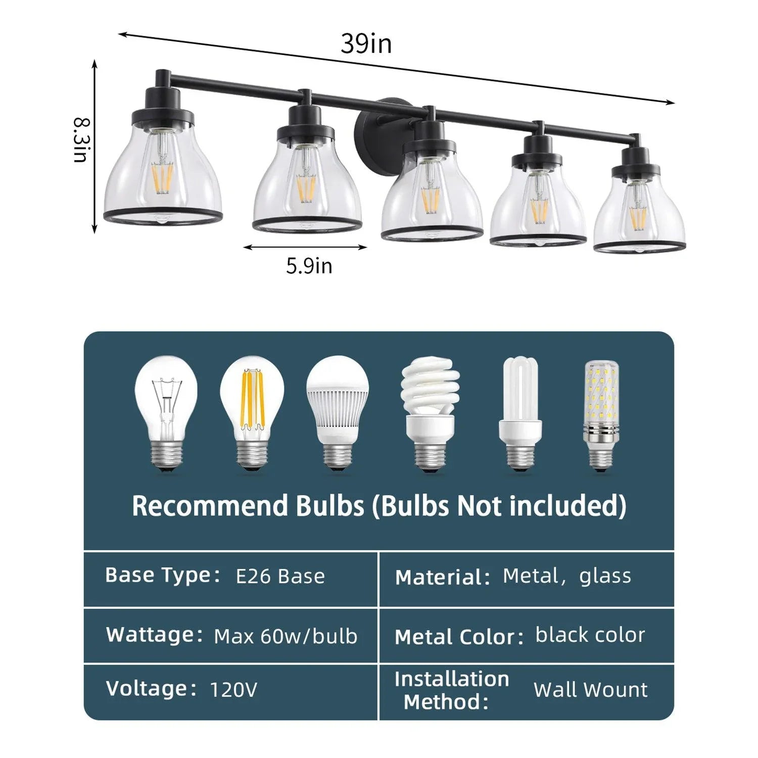 Hermosa Modern Polished Nickel & Black 5-Light Bathroom Vanity Light