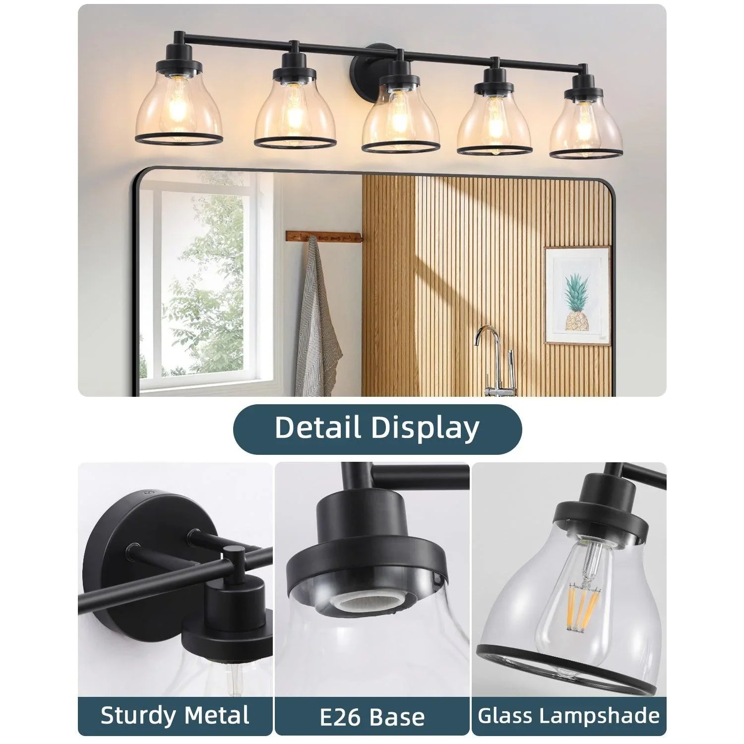 Hermosa Modern Polished Nickel & Black 5-Light Bathroom Vanity Light