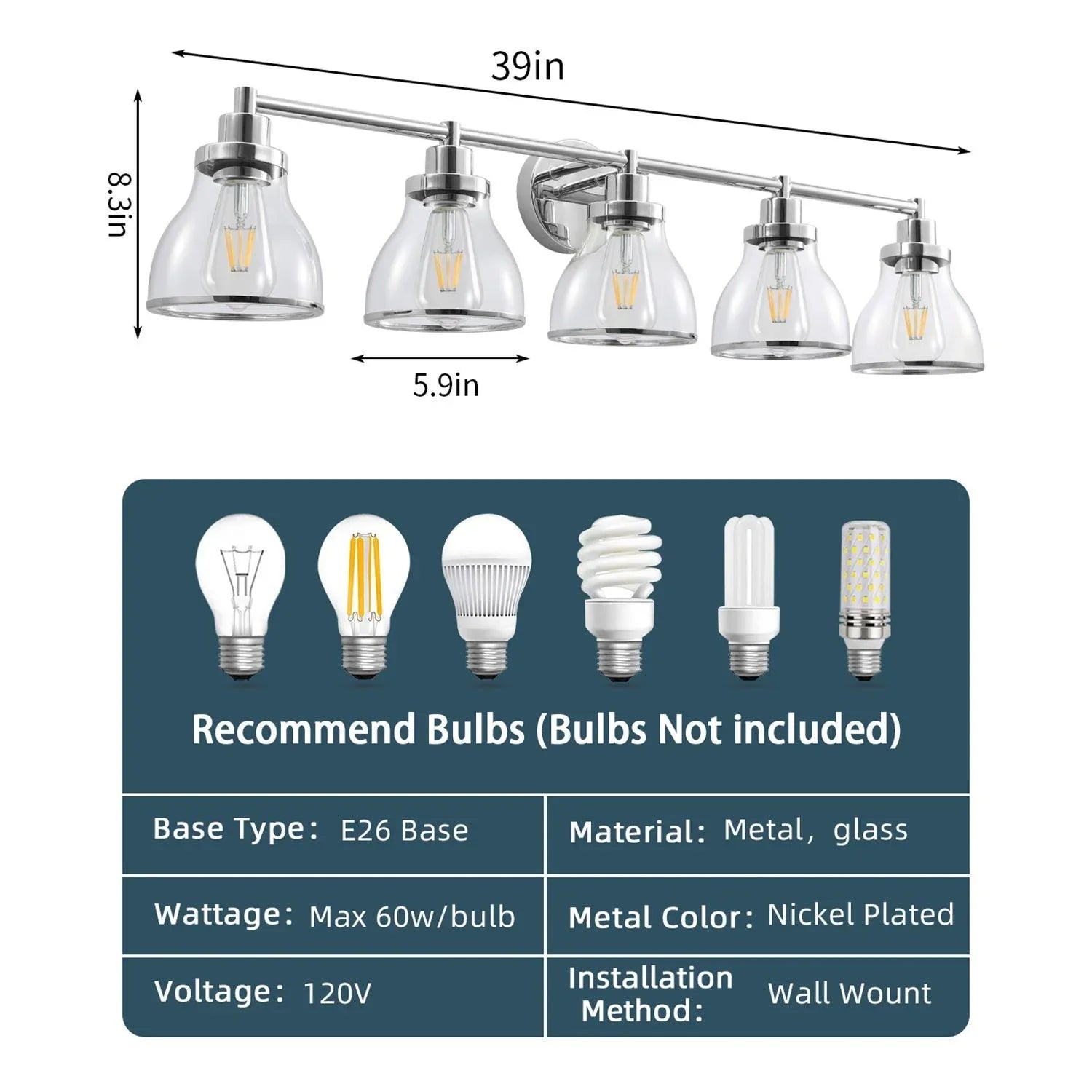 Hermosa Modern Polished Nickel & Black 5-Light Bathroom Vanity Light