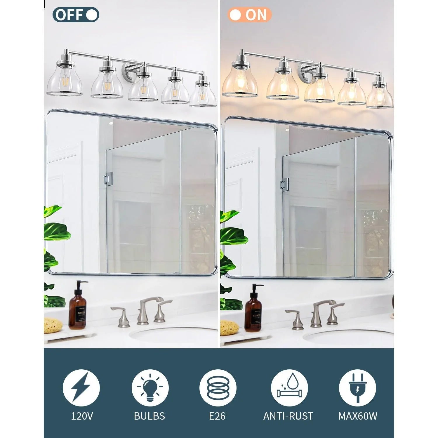 Hermosa Modern Polished Nickel & Black 5-Light Bathroom Vanity Light