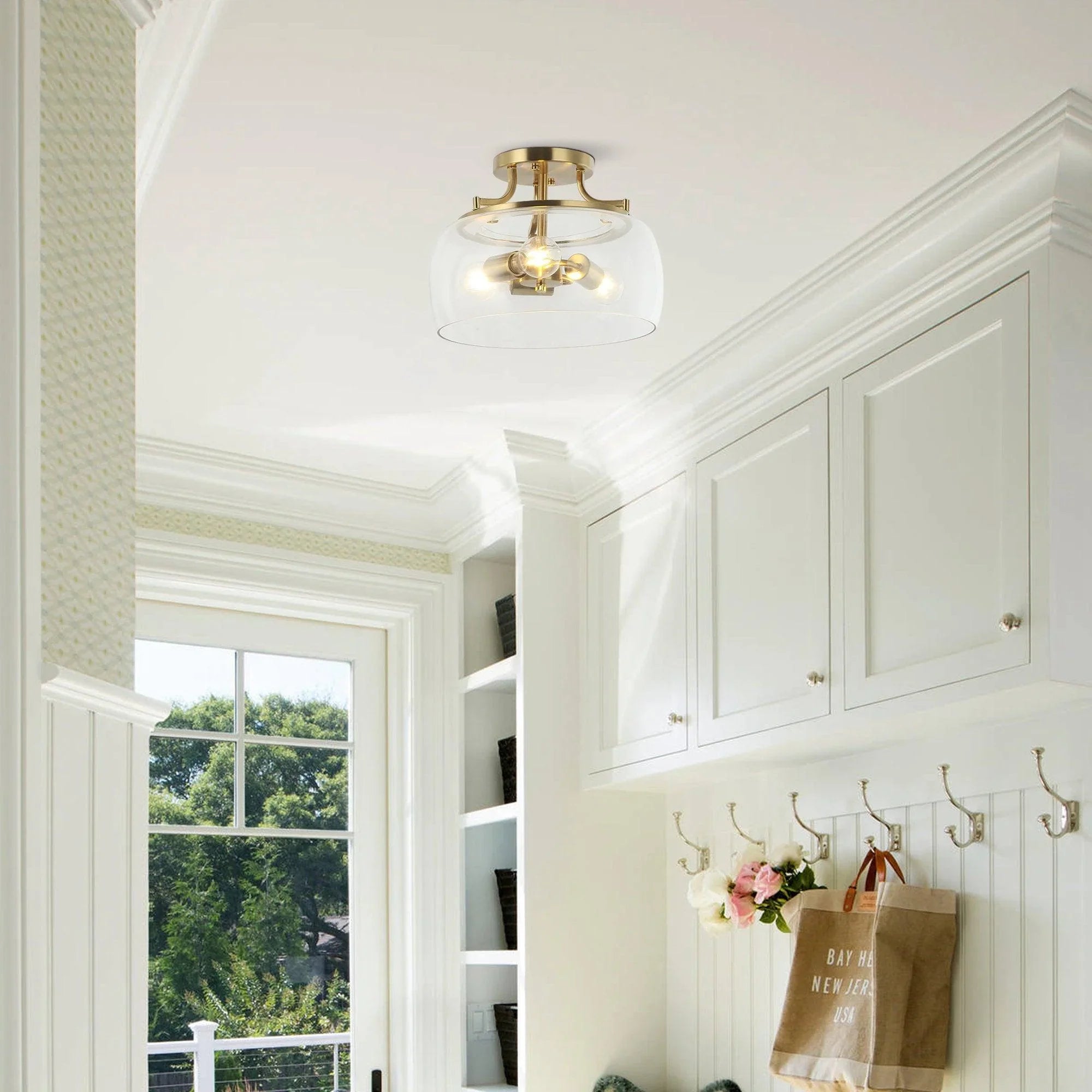 Lámpara de techo semiempotrada de 13 pulgadas, 3 luces, de latón dorado, con pantalla de vidrio transparente