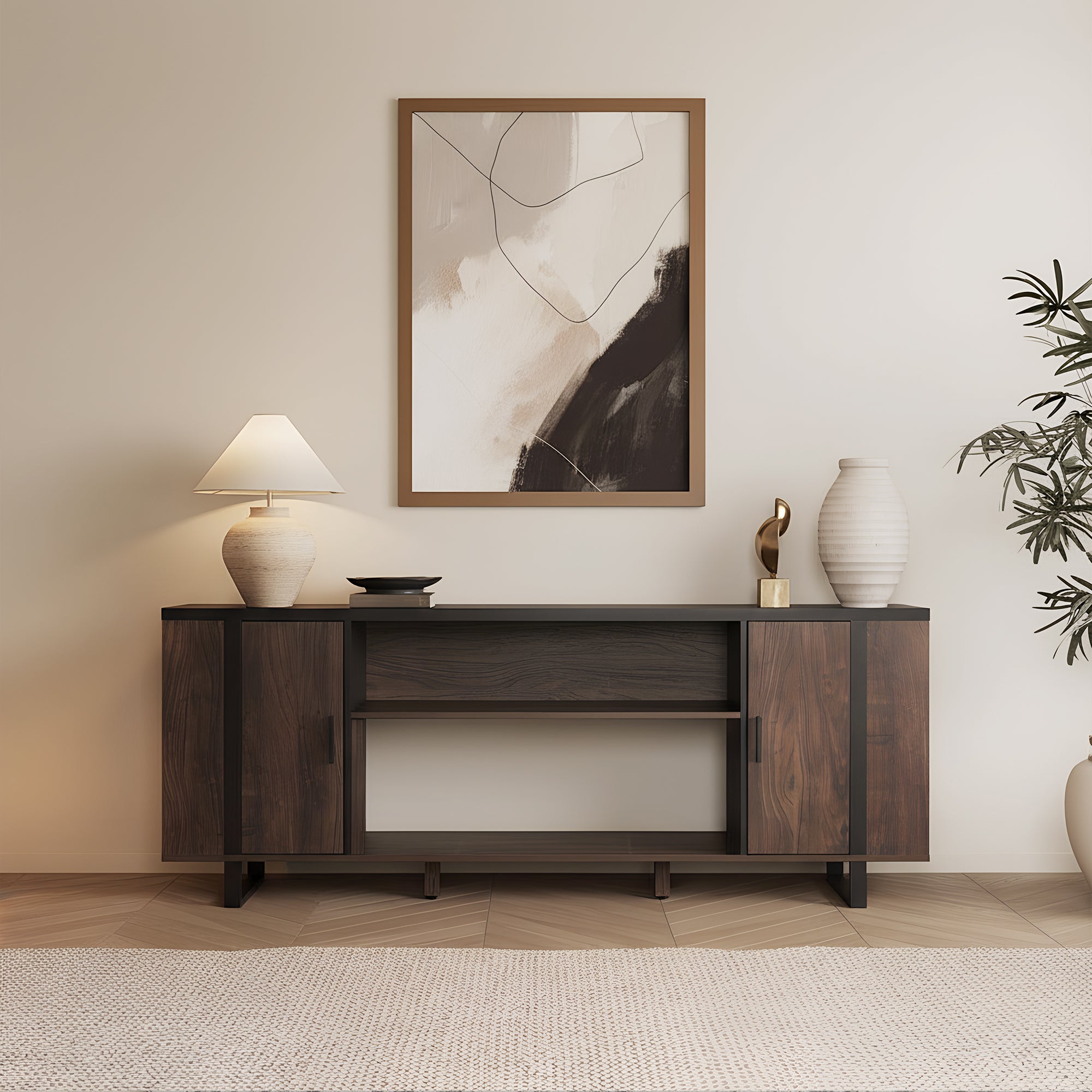 72 Inch Both Sides Open Shelves TV Stand with 36 Inch Electric Fireplace for Living Room